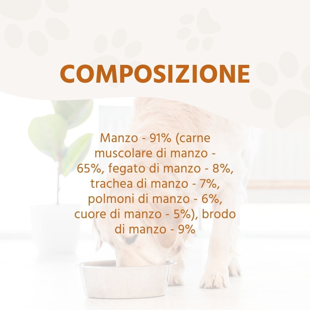Testo con composizione: Manzo - 91%, carne, fegato, trachea, polmone, cuore, brodo. Un cane mangia da una ciotola.