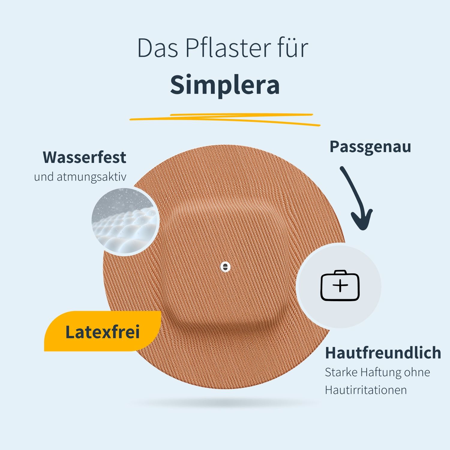 Cerotto marrone con parte centrale quadrata. Testo: Impermeabile, traspirante, senza lattice, preciso, delicato sulla pelle.