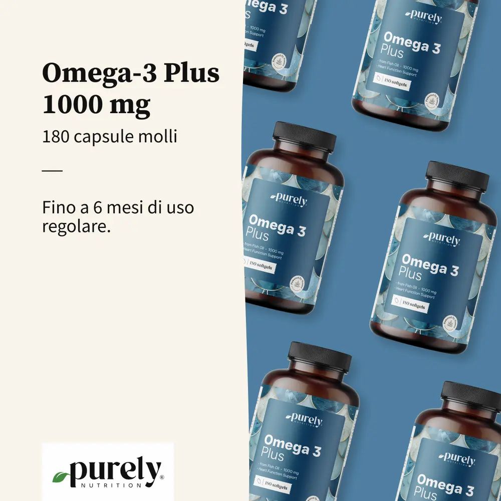 Più flaconi di Omega-3 Plus. Testo: Omega-3 Plus 1000 mg, 180 capsule molli. Fino a 6 mesi di uso regolare.