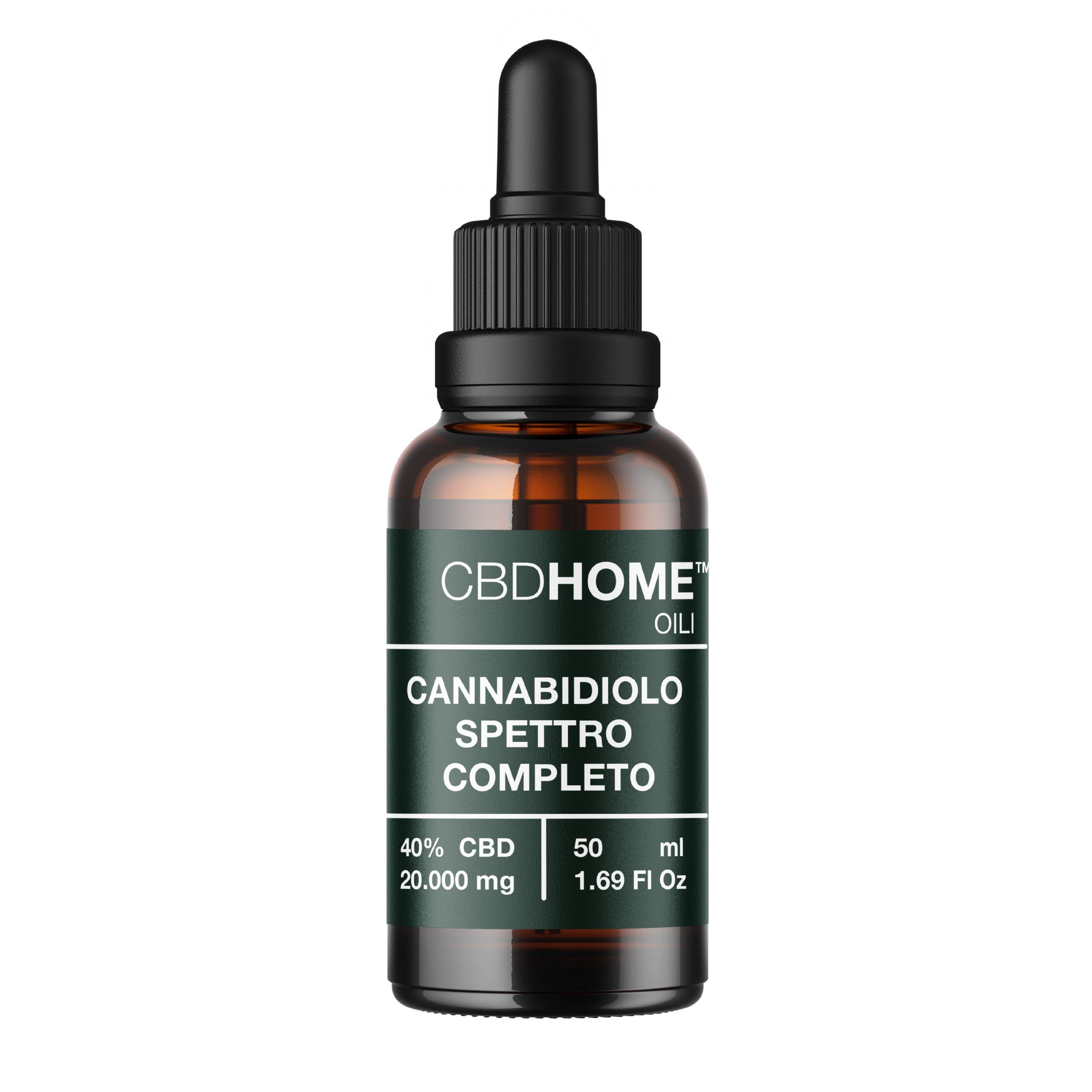 Flacone di olio CBDHOME a spettro completo con contagocce.