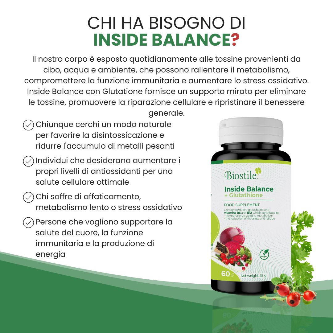 Flacone di prodotto accanto al testo. Testo: Chi ha bisogno di Inside Balance? Nome e logo del prodotto visibili.