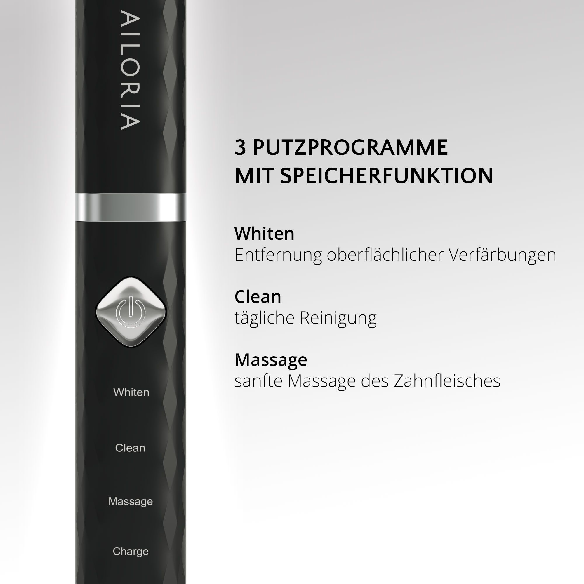 Primo piano dello spazzolino AILORIA nero. Tre programmi di pulizia: Whiten, Clean, Massage. Con funzione memoria.