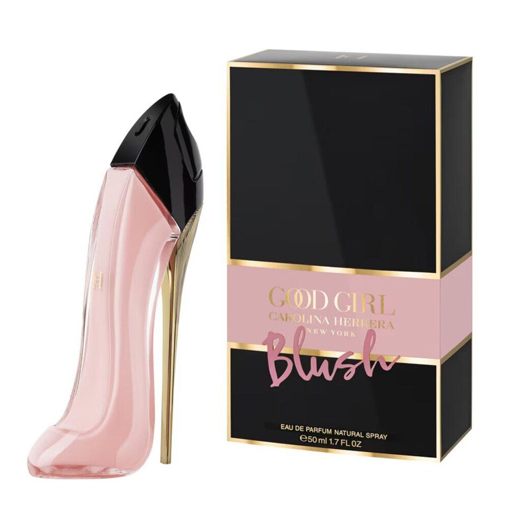 Flacone Carolina Herrera Good Girl Blush Eau de Parfum a forma di scarpa accanto alla sua confezione nera.