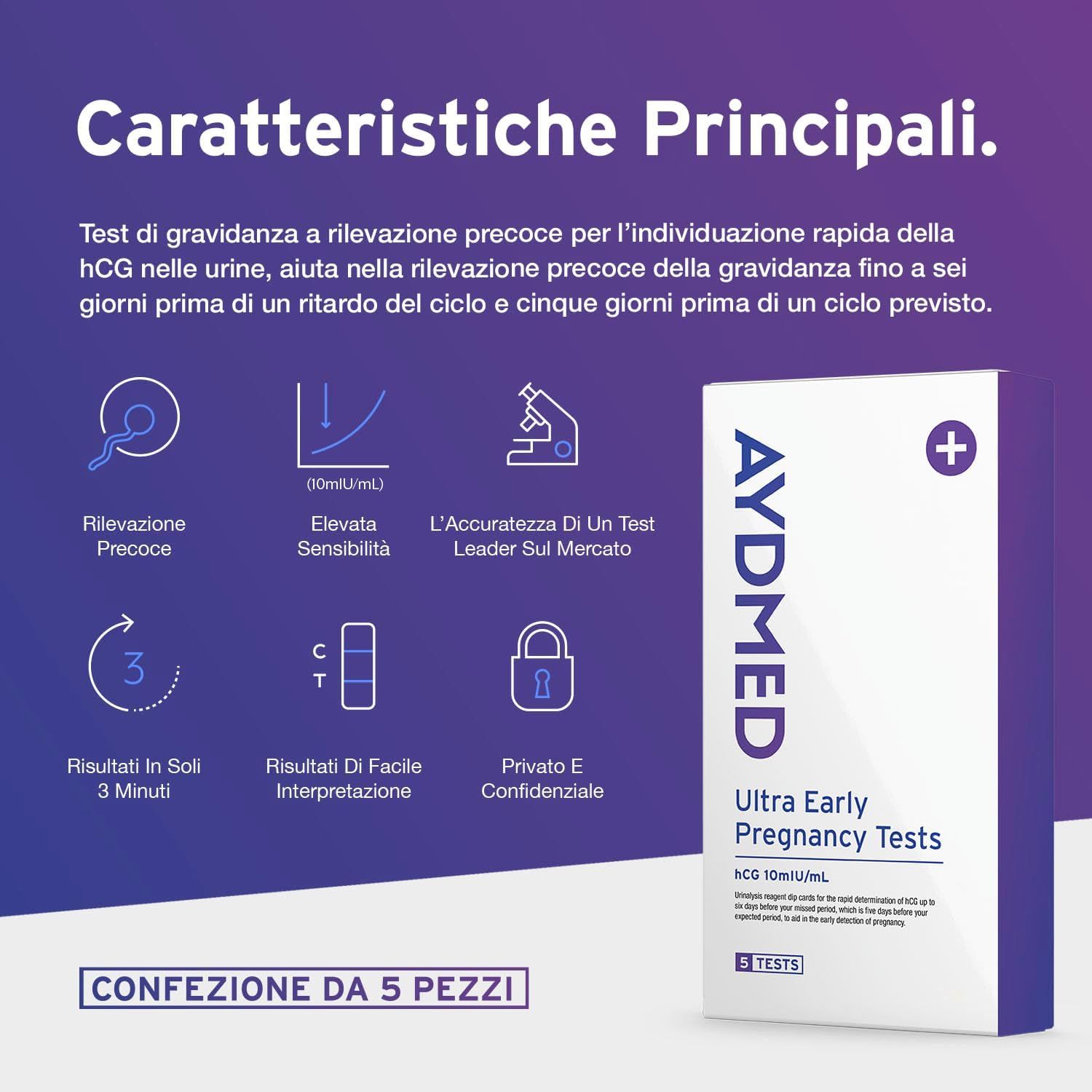 Infografica delle caratteristiche del test di gravidanza precoce. Contiene una scatola Aydmed.