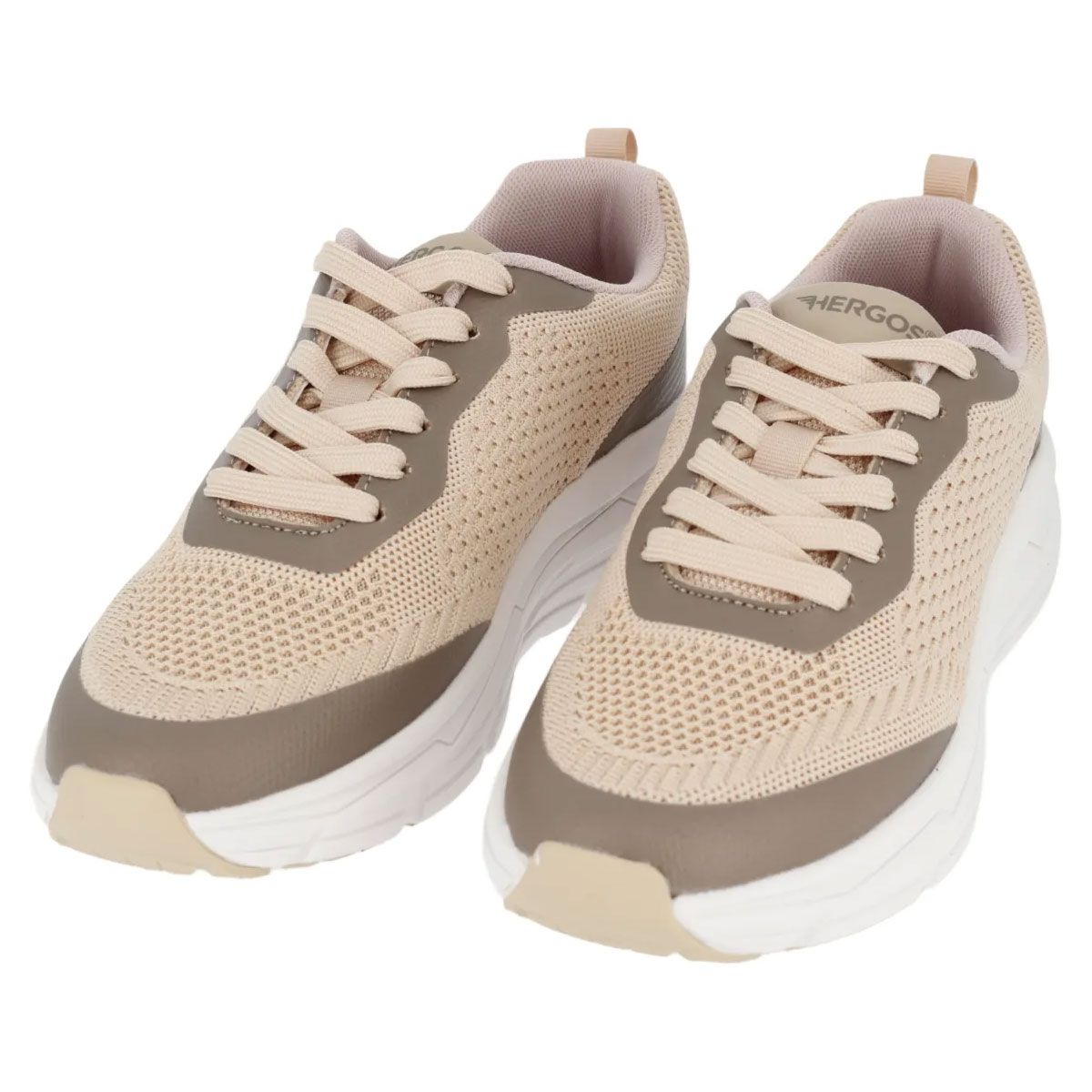 Sneakers beige con suola bianca. Lacci, tomaia in mesh e logo del marchio. Dettagli marrone chiaro.