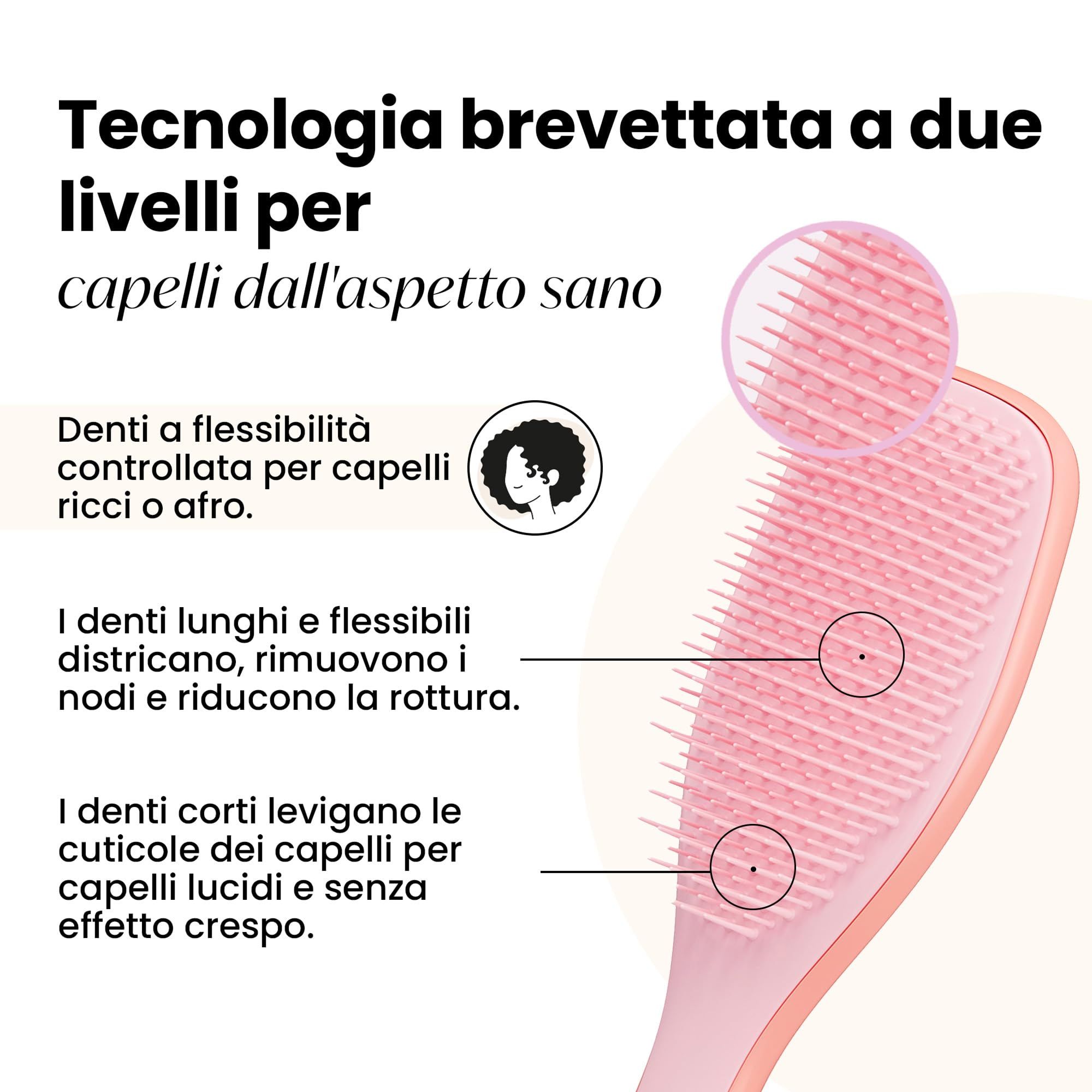 Primo piano di una spazzola per capelli rosa. Testo: Tecnologia per capelli sani. I denti lunghi e flessibili districano e riducono la rottura.
