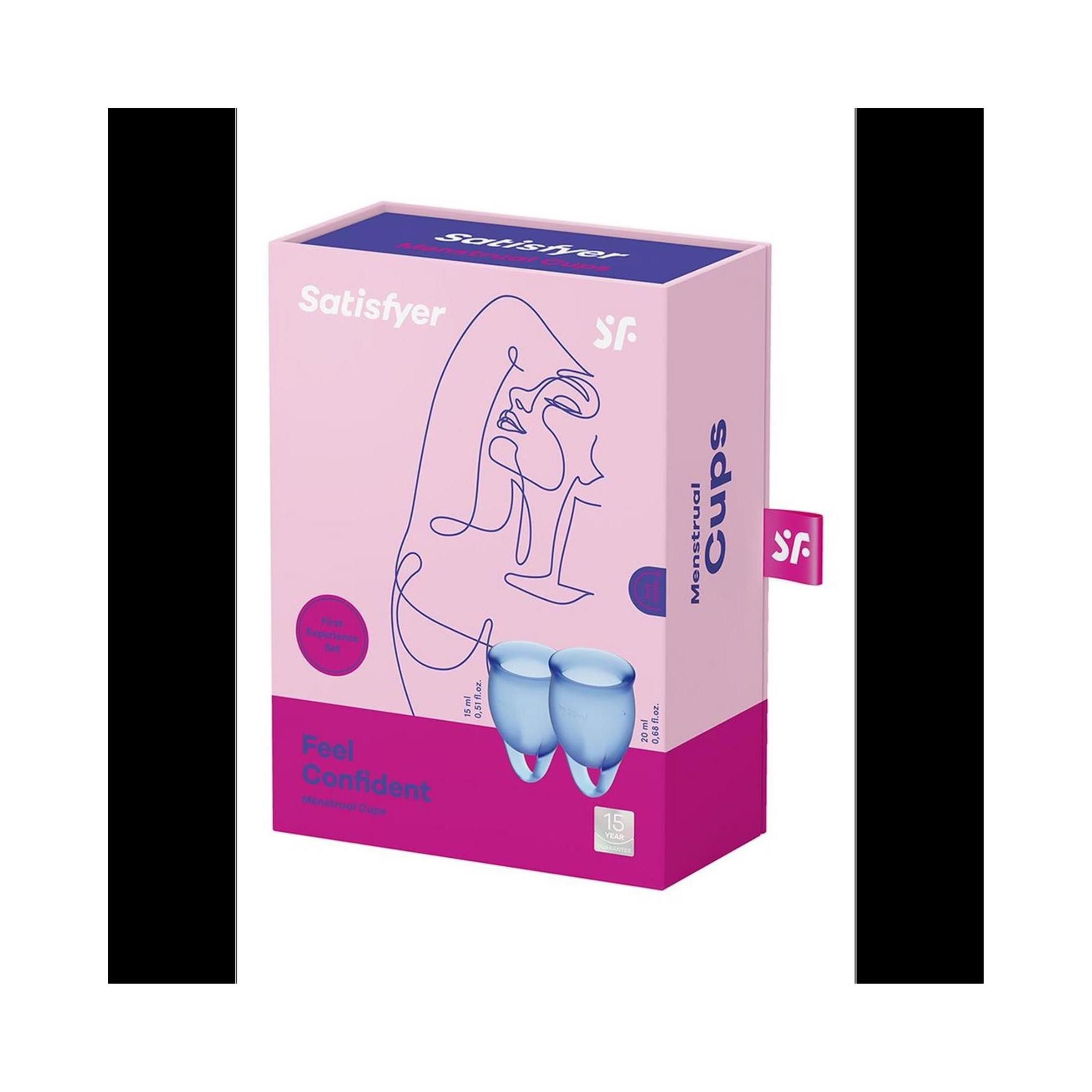 Confezione rosa con immagine del prodotto e scritta "Satisfyer". Contiene due coppette mestruali. Scritta: "Menstrual Cups".