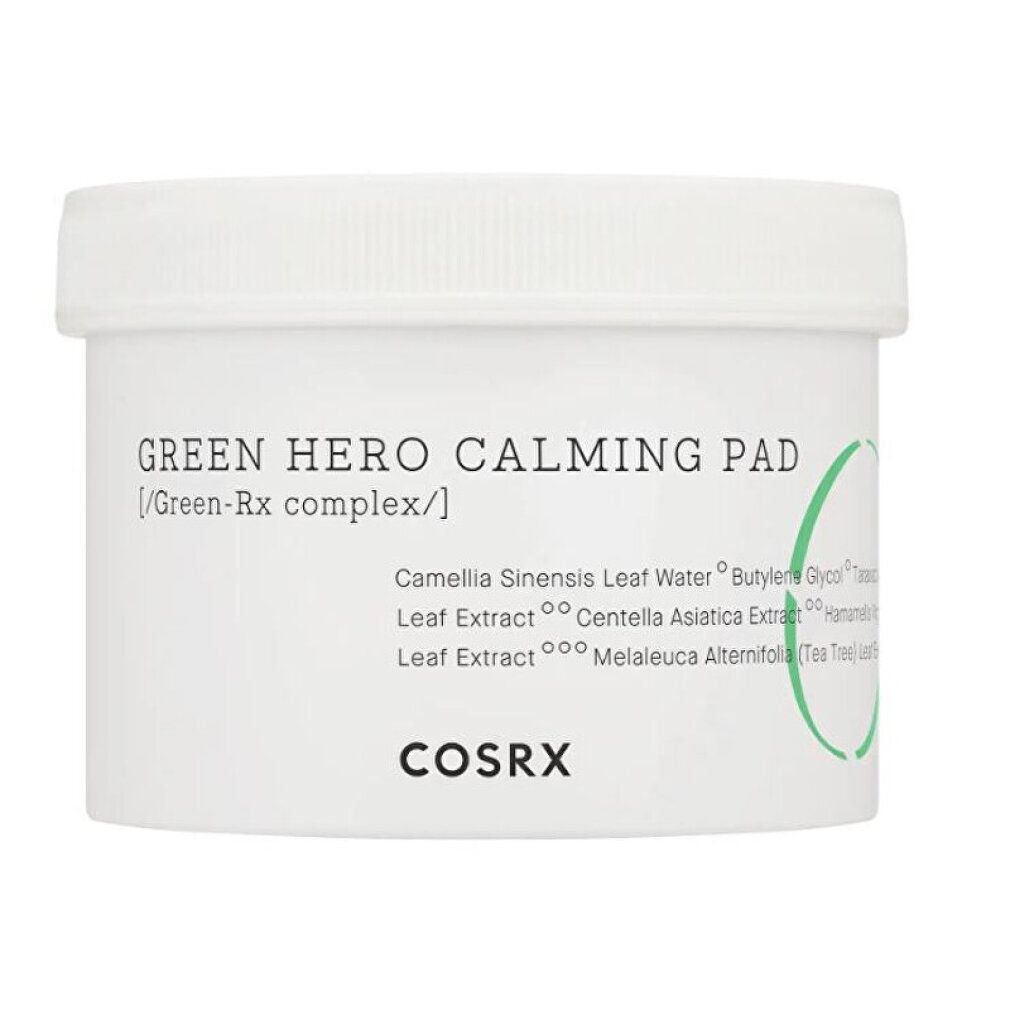 COSRX Green Hero Calming Pad in barattolo bianco con coperchio. Etichetta con nome del prodotto e ingredienti.