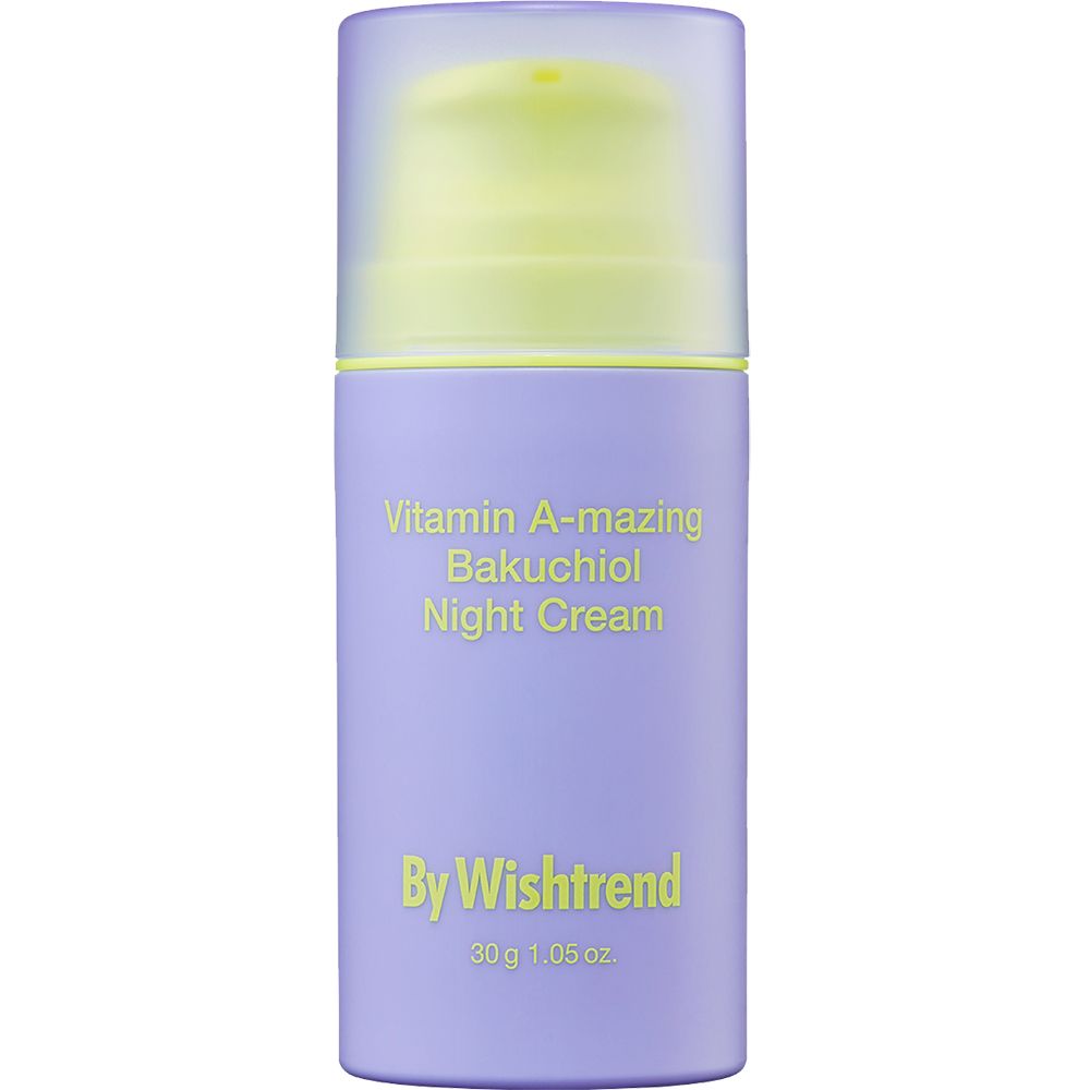 Flacone viola con coperchio giallo. Testo: Vitamin A-mazing Bakuchiol Night Cream, By Wishtrend, 30g 1.05 oz.