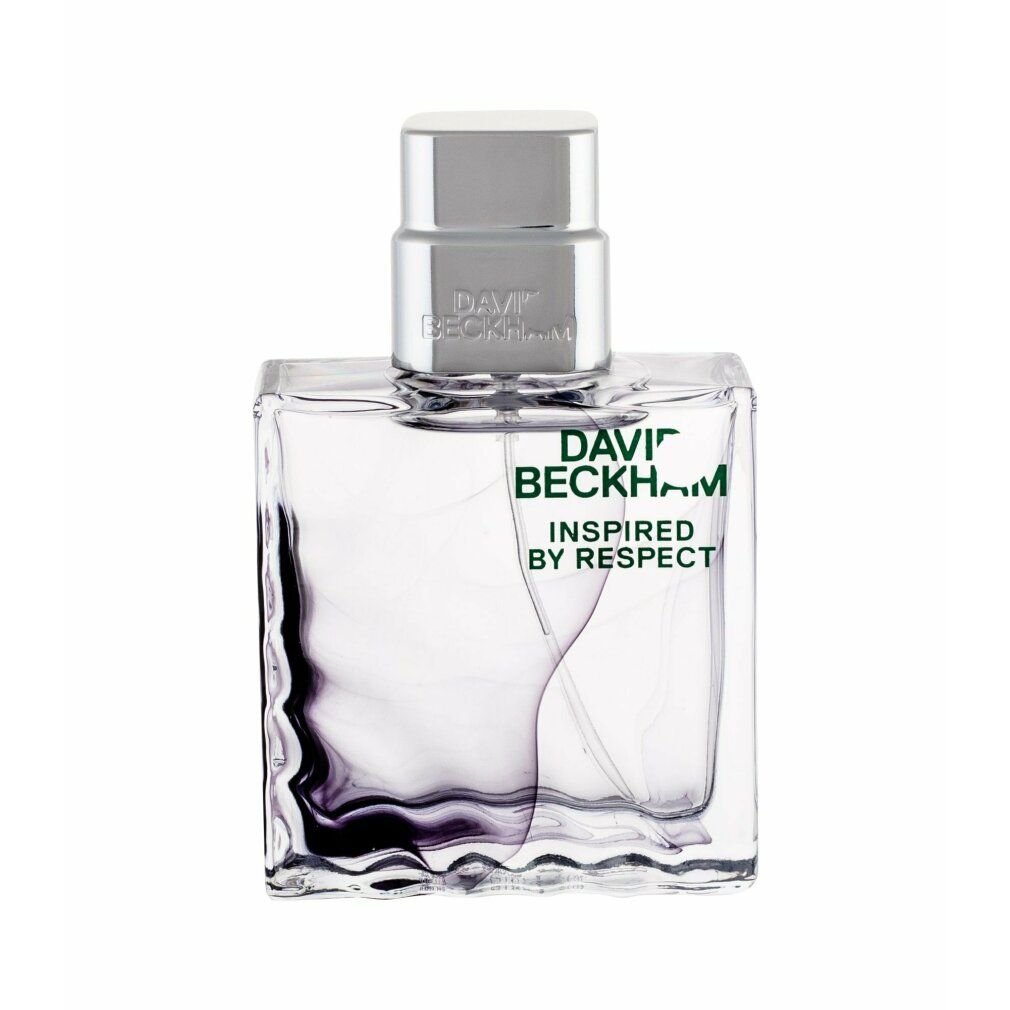Flacone in vetro con tappo argentato. Scritta: DAVID BECKHAM INSPIRED BY RESPECT. Liquido viola.