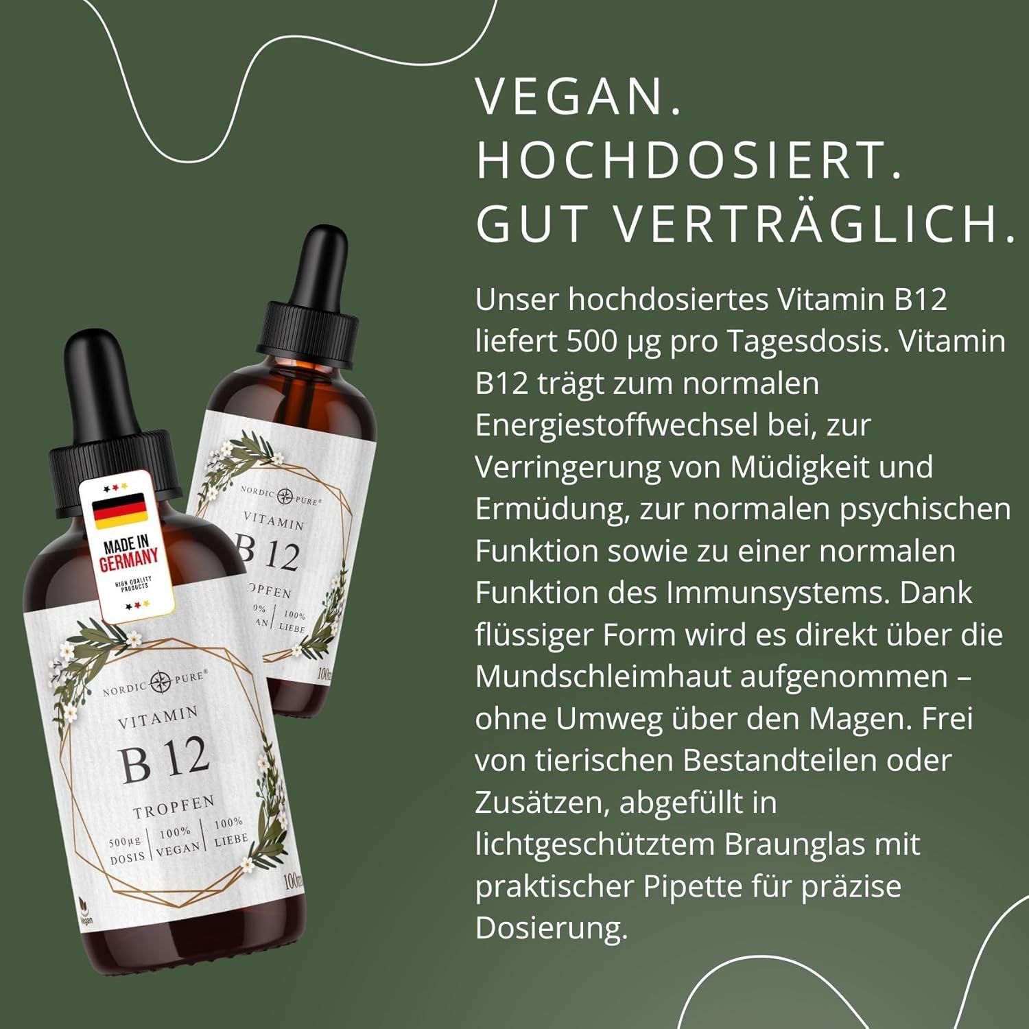Due flaconi marroni con contagocce. Testo: Vitamin B12 Tropfen, Nordic Pure. Testo: Vegan, hochdosiert, gut verträglich, Made in Germany.
