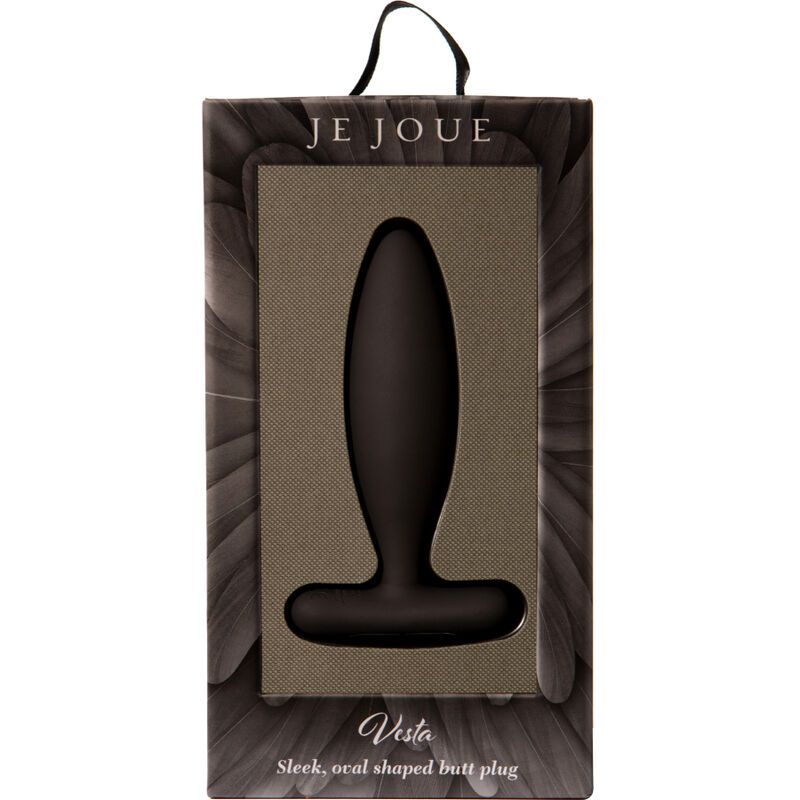 Confezione. Stimolatore nero ovale in incavo. Marchio: Je Joue, nome: Vesta.