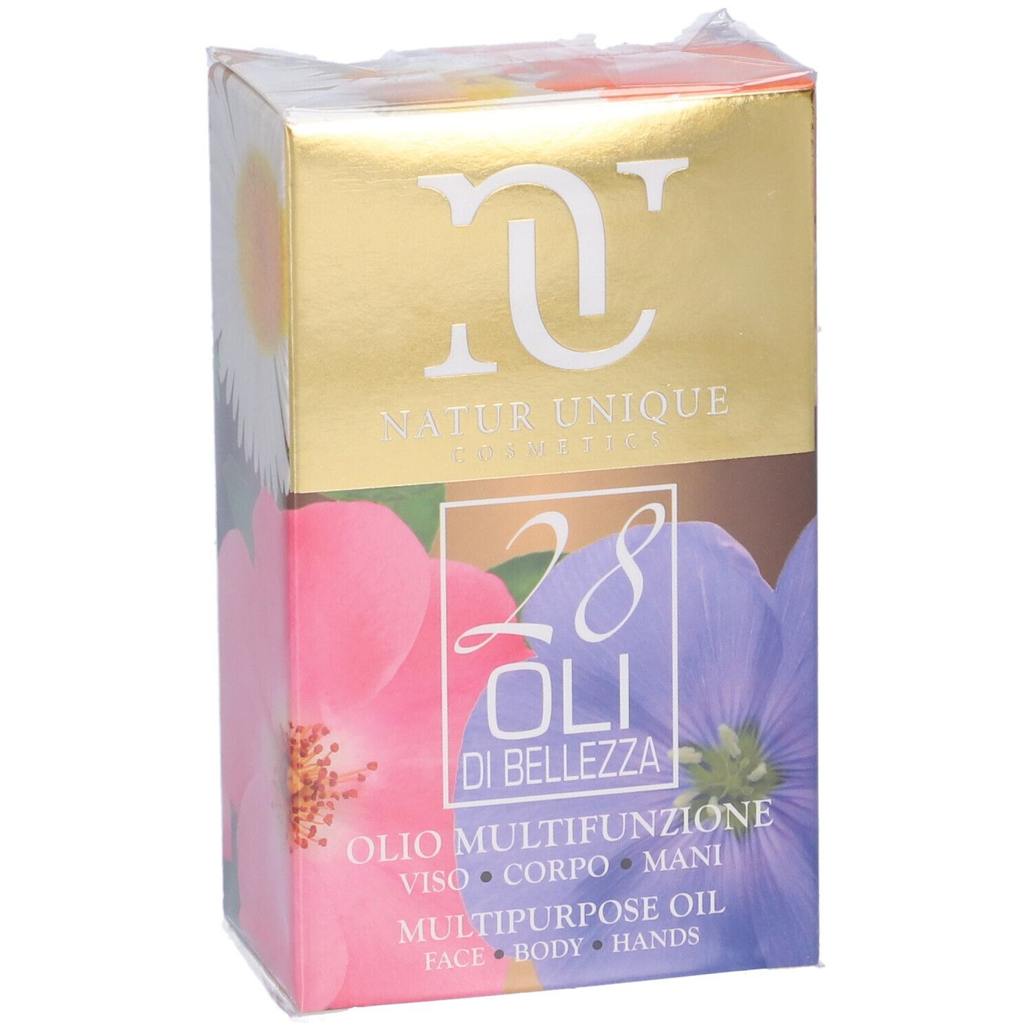 Confezione Natur Unique 28 Oli Di Bellezza. Coperchio dorato con logo. Nome del prodotto e motivi floreali sul fronte.