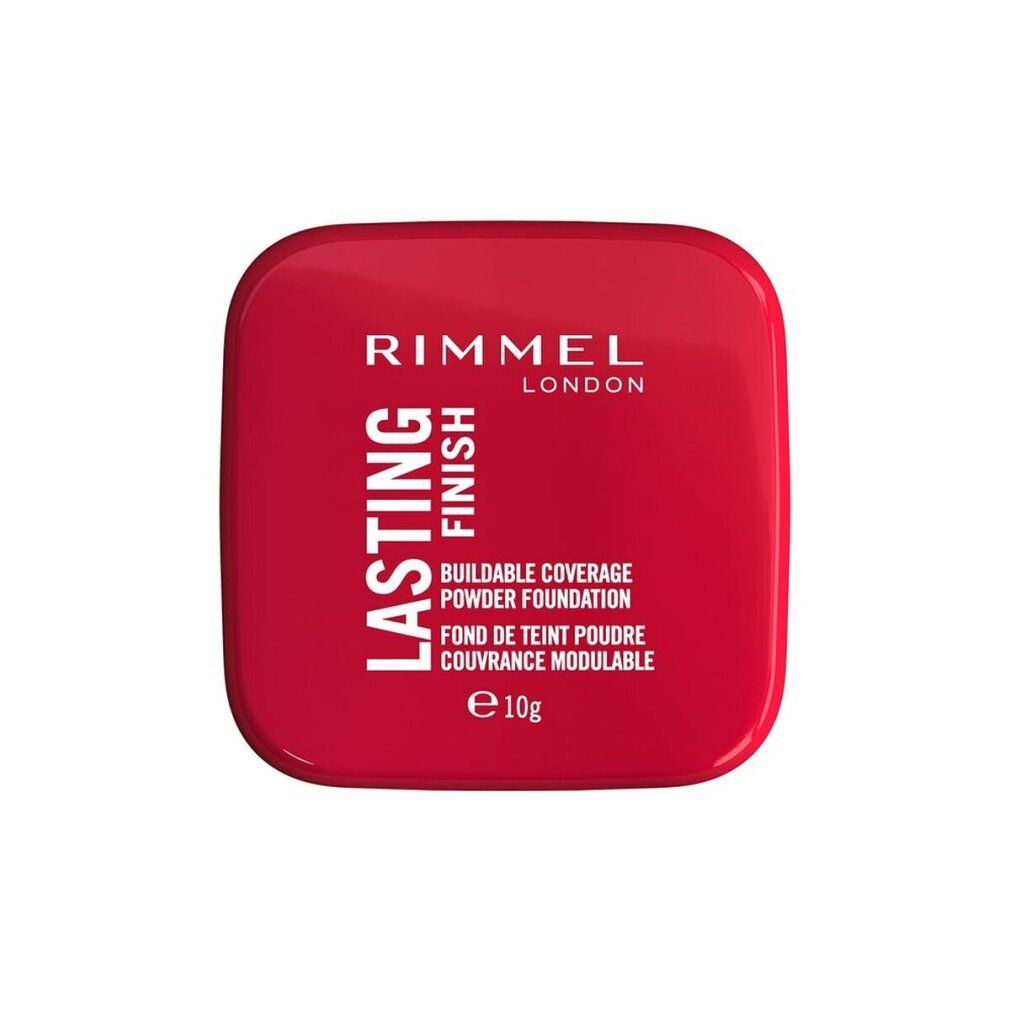 Confezione cipria compatta rossa. Scritta: Rimmel London, Lasting Finish, Buildable Coverage Powder Foundation, 10g.