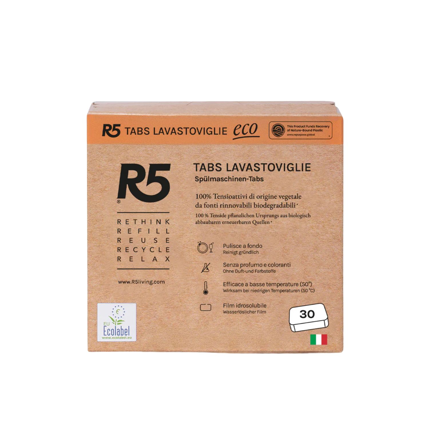 R5 Eco Tabs Lavastoviglie 30 Pastiglie, Tensioattivi Vegetali, Ecolabel, Made in Italy
