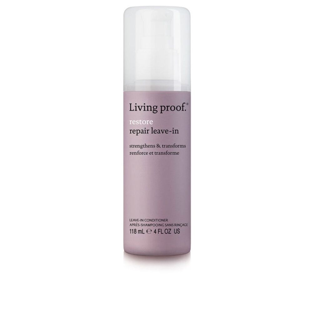 Flacone Living Proof Restore Repair Leave-in. Flacone rosa con tappo bianco. Contenuto 118 ml.