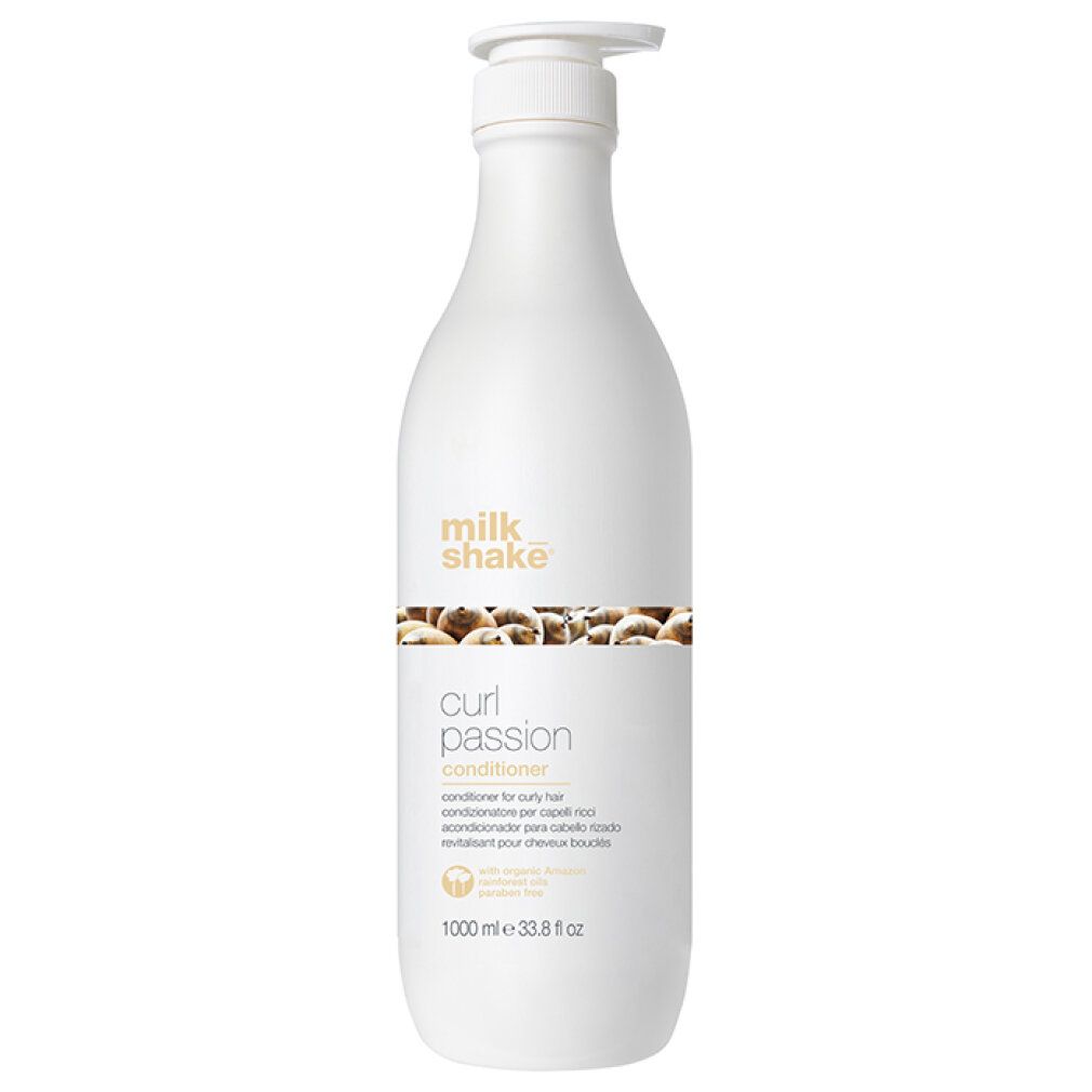 Flacone bianco con dosatore. Scritta: milk_shake, curl passion conditioner. Volume: 1000 ml.