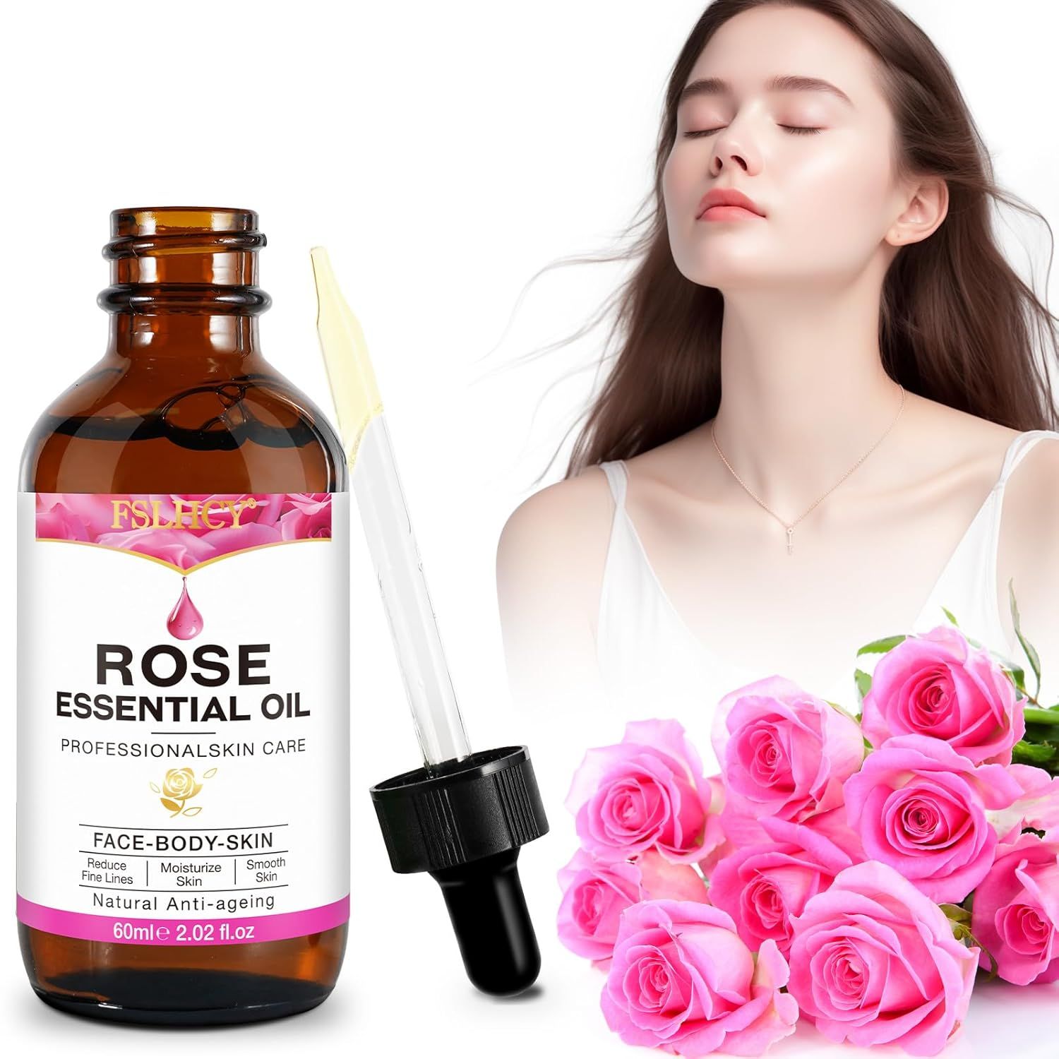 Flacone di vetro marrone con siero e contagocce. Scritta: Rose Essential Oil. Donna con rose.