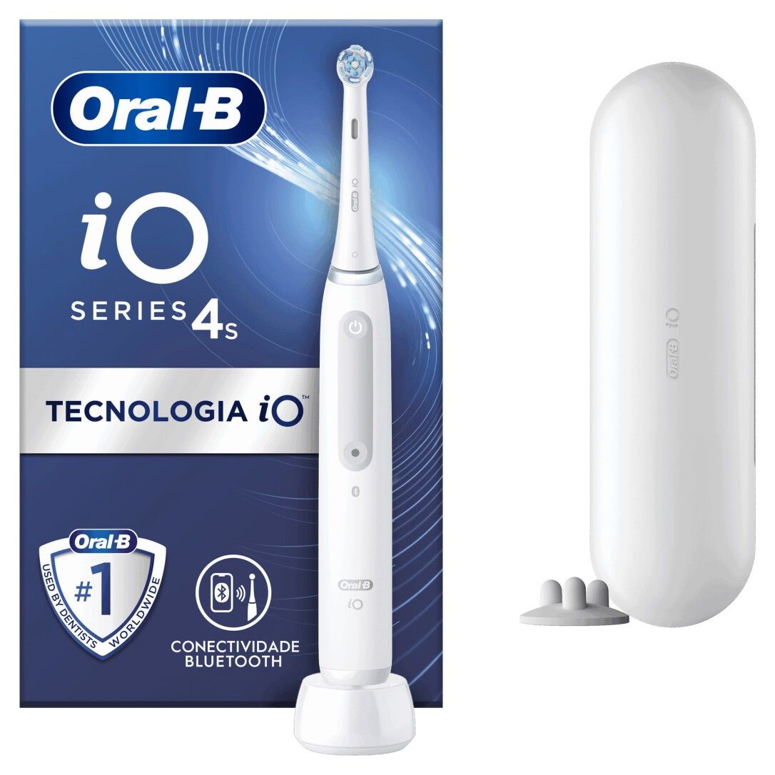 Spazzolino elettrico, custodia da viaggio e confezione. Oral-B iO Series 4s. Confezione con informazioni e Bluetooth.