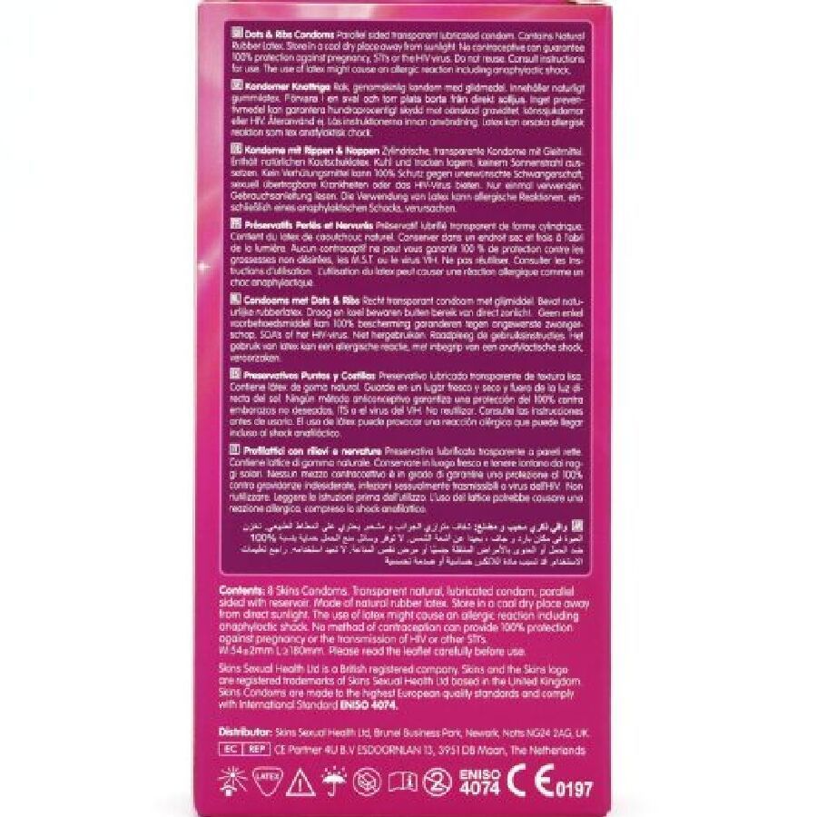 Retro di una confezione rosa con testo multilingue. Contiene informazioni sui preservativi SKINS Dots & Ribs.