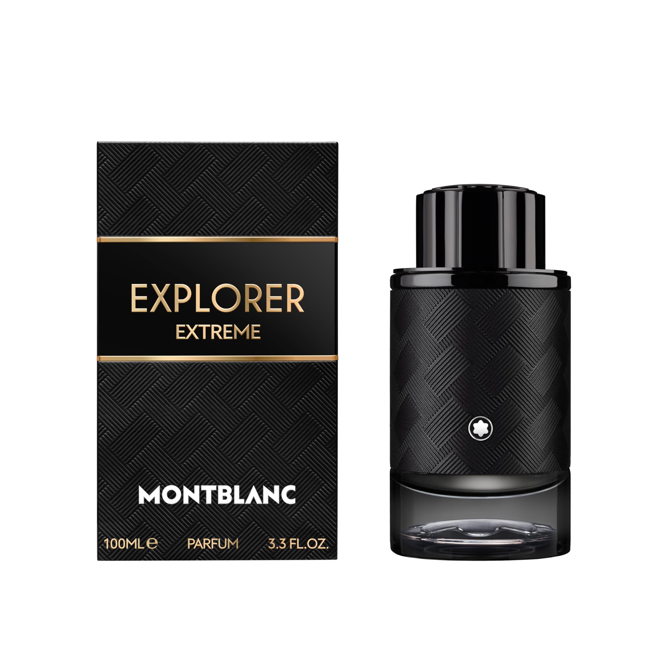 Flacone e confezione neri. Scritta EXPLORER EXTREME e MONTBLANC. Flacone con tappo nero e logo argentato.