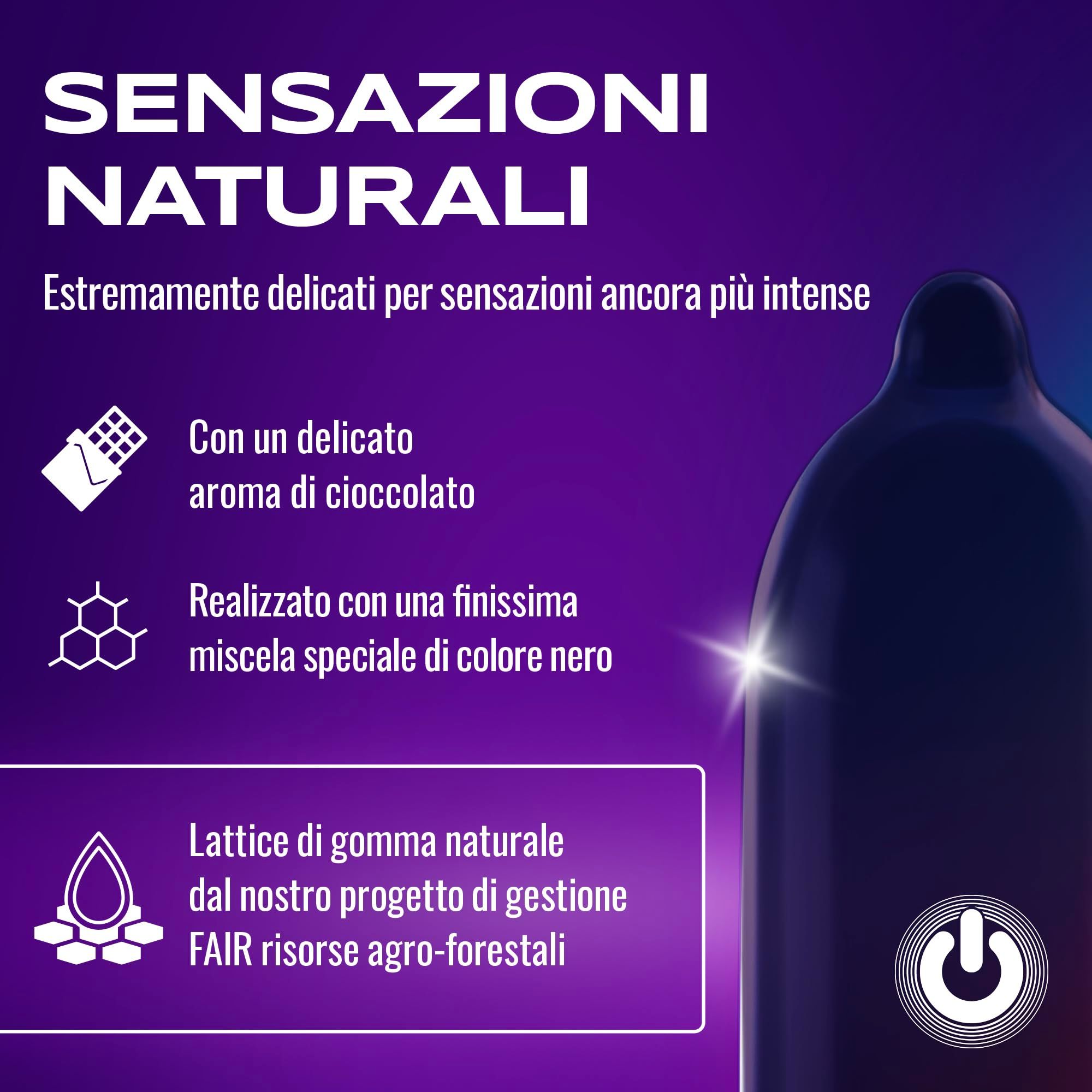 Preservativo nero aroma cioccolato, in lattice di gomma naturale.