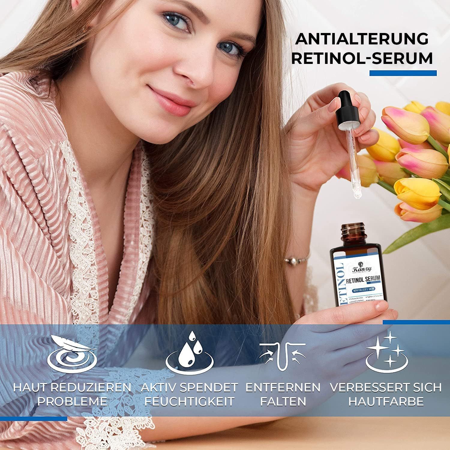 Donna tiene in mano un flacone di siero al retinolo. Scritta: KANZY Retinol Serum. Con contagocce. Scritta: Anti-età. In background: fiori.