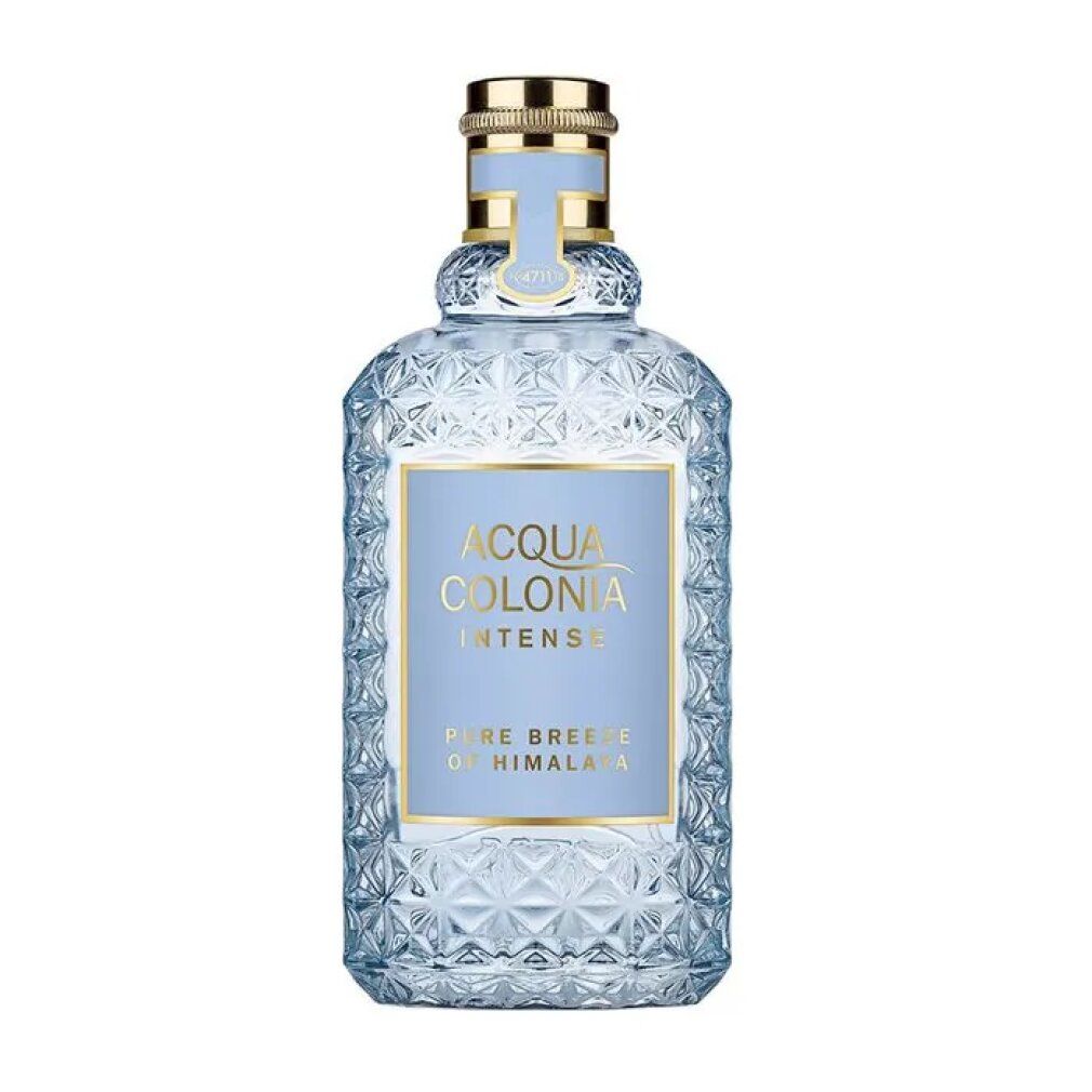 Flacone di profumo azzurro chiaro con tappo dorato. Etichetta con scritta 'Acqua Colonia Intense'.