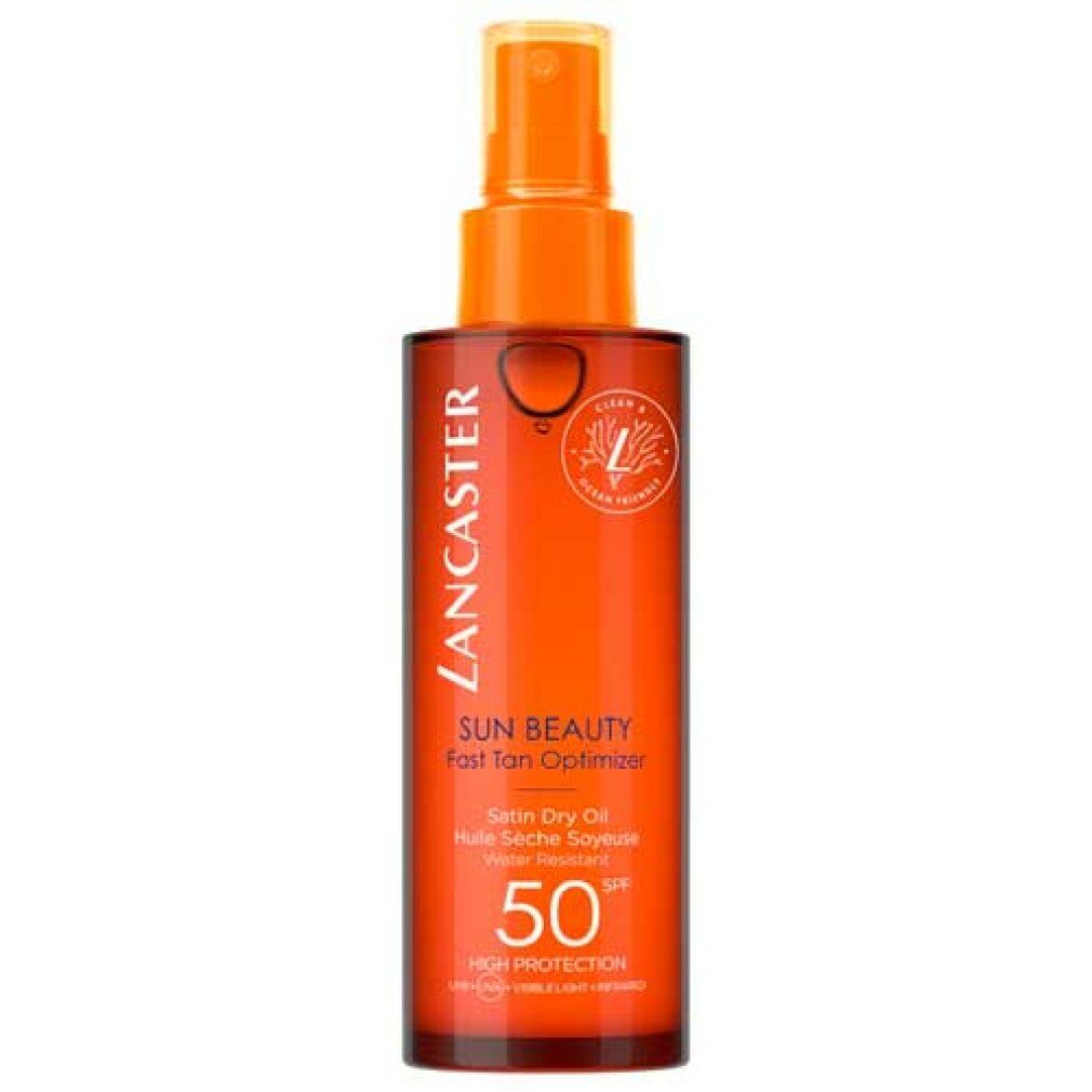Lancaster Sun Beauty Dry Oil SPF50. Flacone arancione con spruzzatore. Scritta: Sun Beauty, Fast Tan Optimizer, Satin Dry Oil, 50 SPF.