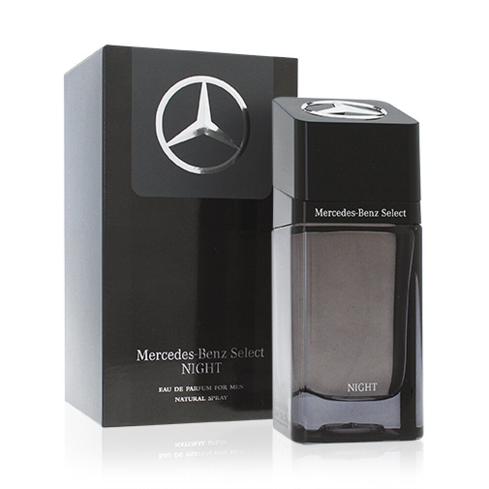 Scatola e flacone neri. Logo Mercedes-Benz e nome del prodotto: Mercedes-Benz Select Night. Flacone di forma rettangolare.