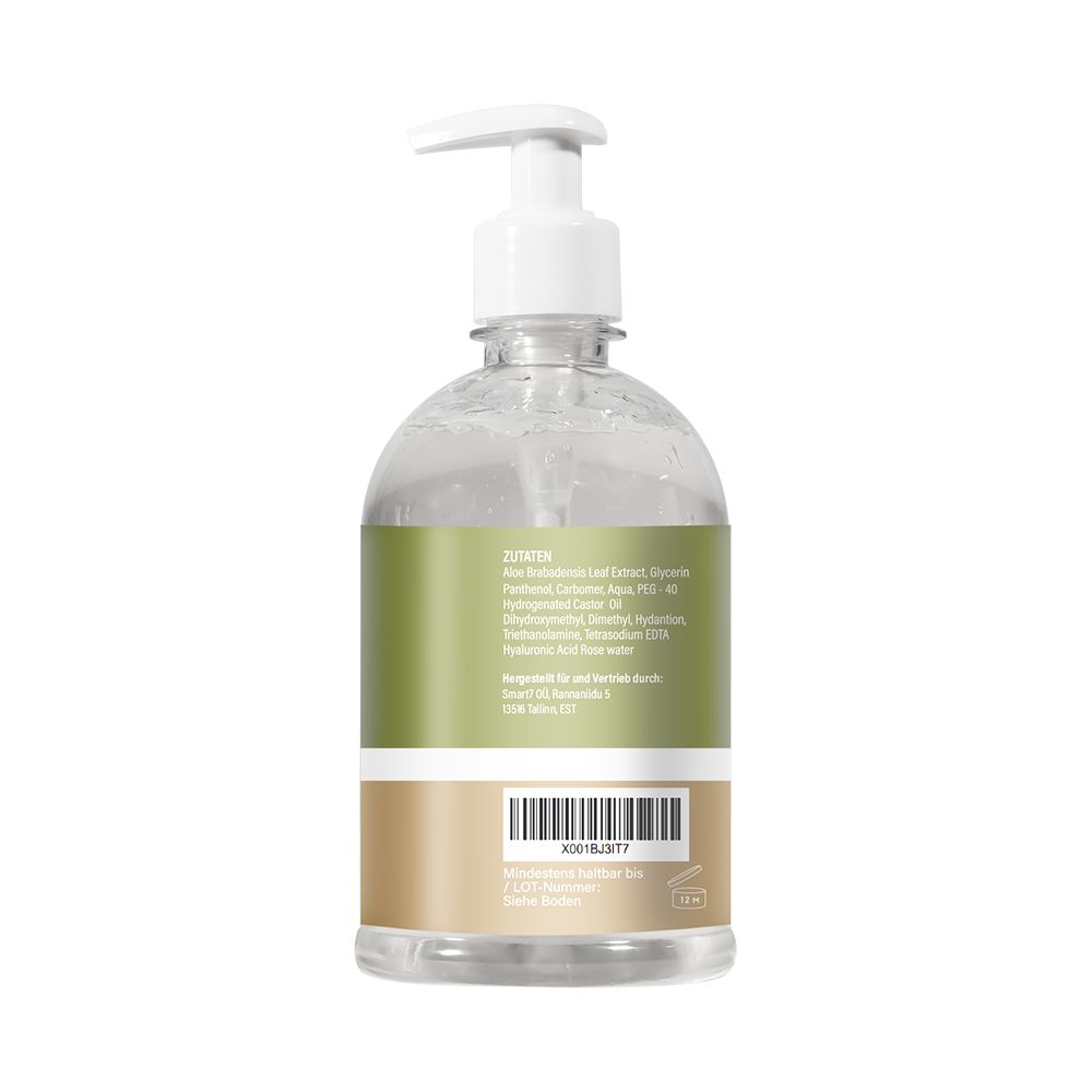 Retro del flacone di gel di aloe vera Enolenia® con elenco degli ingredienti e codice a barre.