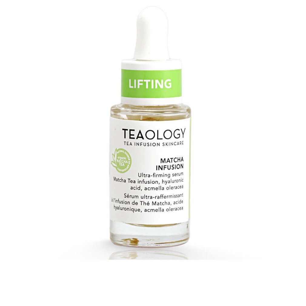 Flacone di vetro con siero. Tappo verde con "Lifting". Etichetta con nome del prodotto e ingredienti.