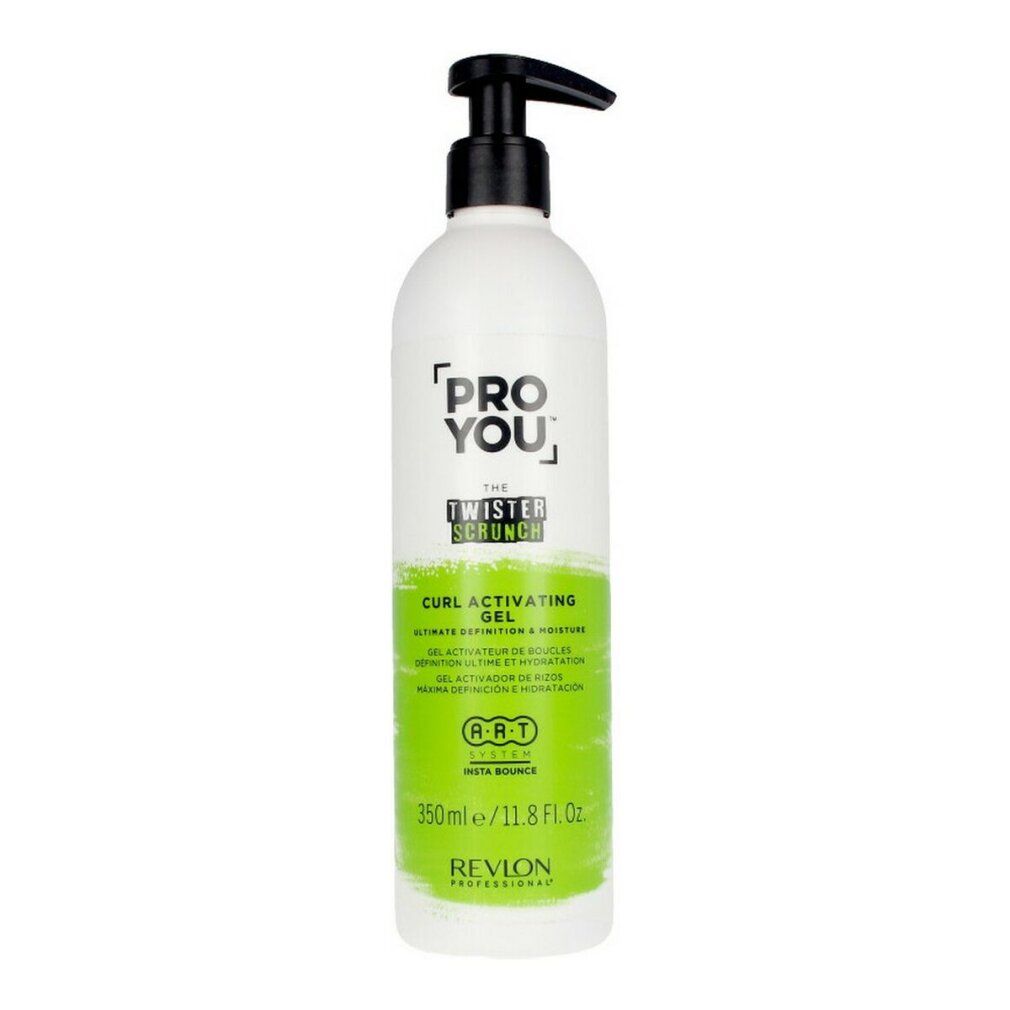 Flacone con erogatore nero. Scritta: PRO YOU, THE TWISTER SCRUNCH, CURL ACTIVATING GEL. Colori verde e bianco. 350ml/11.8 Fl. Oz. Revlon Professional.