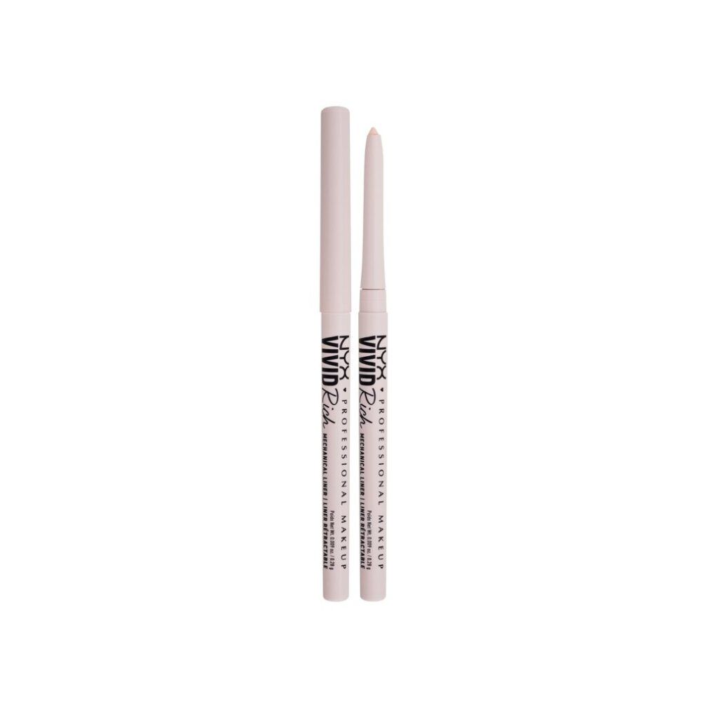 Matita occhi NYX Professional Makeup rosa chiaro. Matita meccanica con testo nero. Aperta e chiusa.