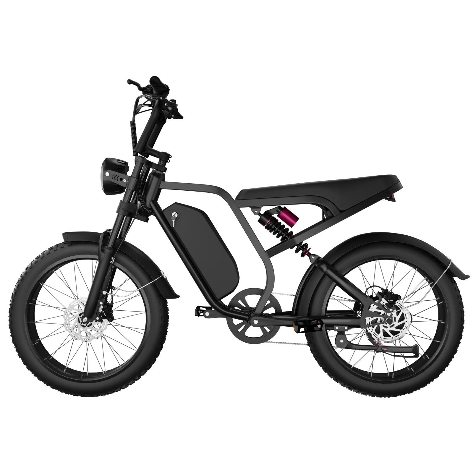 E-bike nera con pneumatici larghi, faro, batteria e sospensioni. Vista laterale.