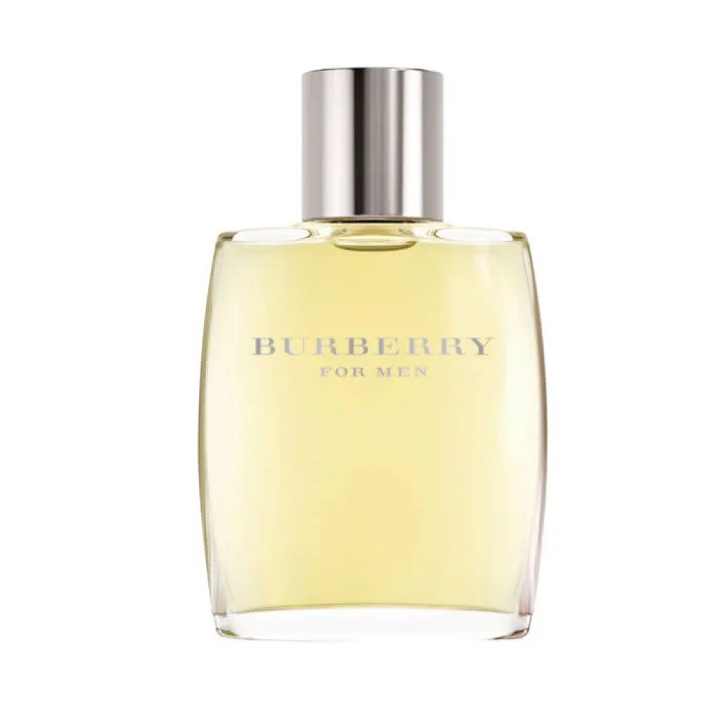Spray Burberry For Men. Flacone in vetro trasparente con tappo argentato. Scritta Burberry.