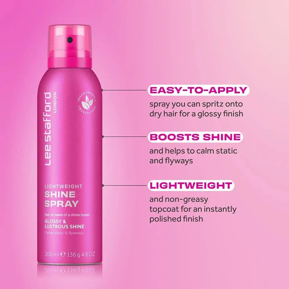 Flacone di spray lucidante leggero Lee Stafford con spiegazioni sull'uso e i benefici.