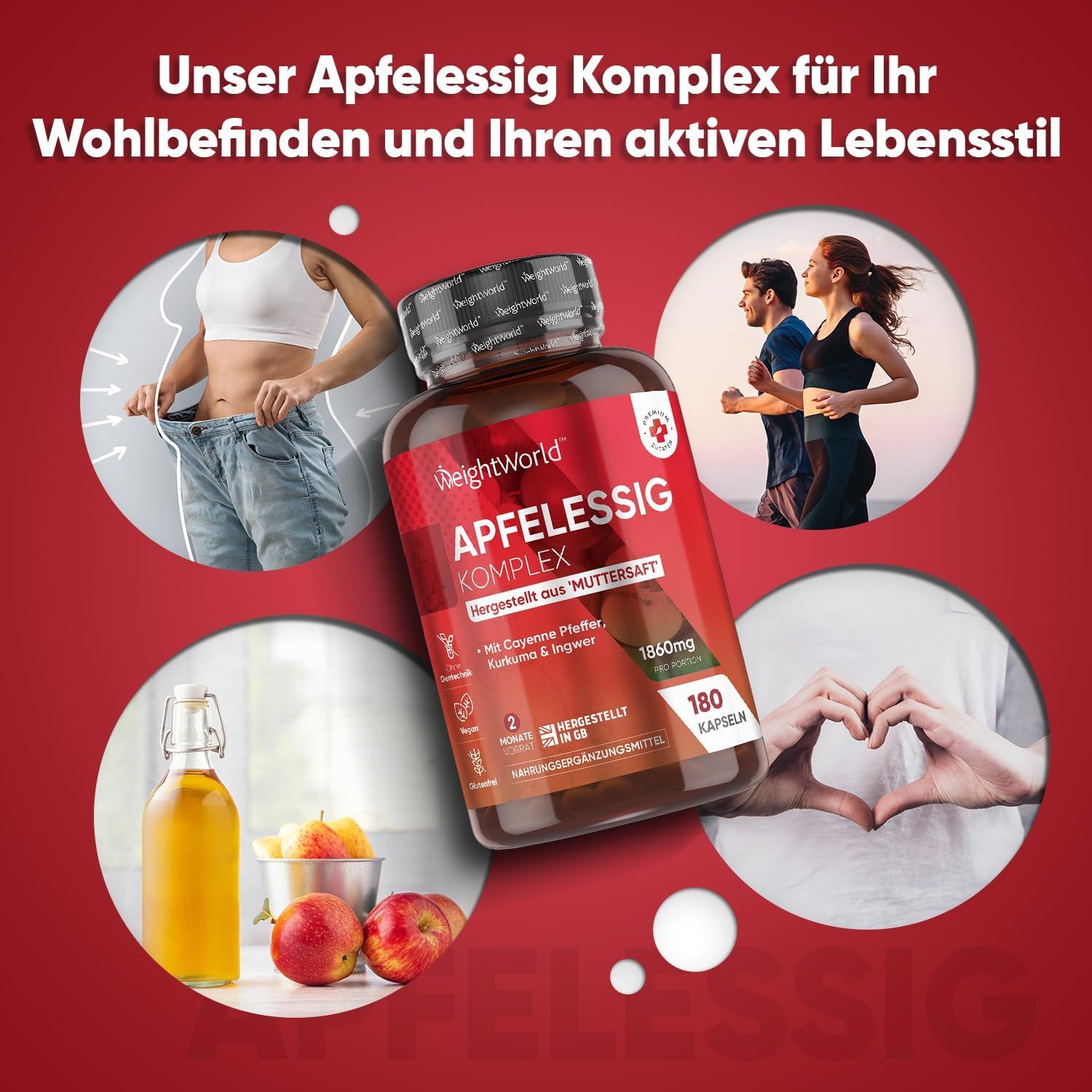 Flacone di prodotto Apfelessig Komplex. Immagini: donna, uomo, mele, aceto di mele. Sfondo rosso.