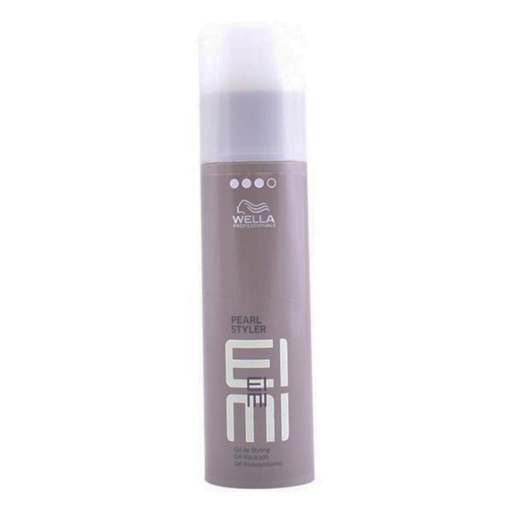 Flacone di gel per lo styling grigio-viola con tappo bianco. Scritta: Wella Eimi Pearl Styler. Quattro punti in alto.