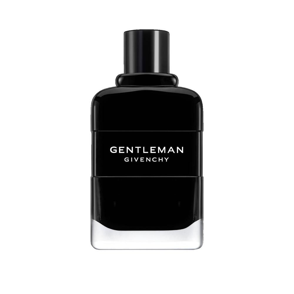 Flacone nero con tappo nero. Scritta: GENTLEMAN GIVENCHY. Forma rettangolare con angoli arrotondati.
