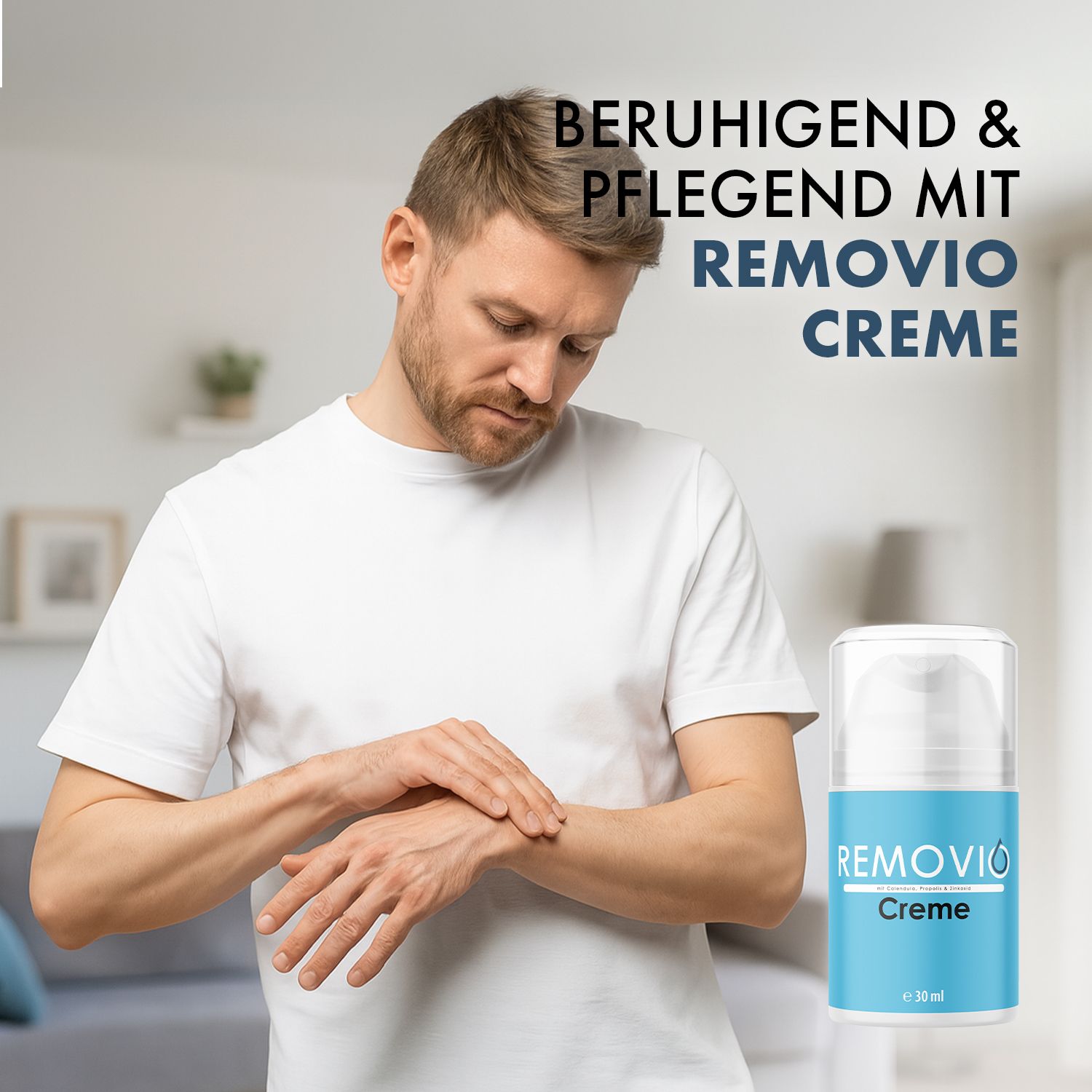Uomo che guarda la mano. Scritta: Removio Creme. Vantaggi: lenitivo e nutriente. Volume: 30 ml.