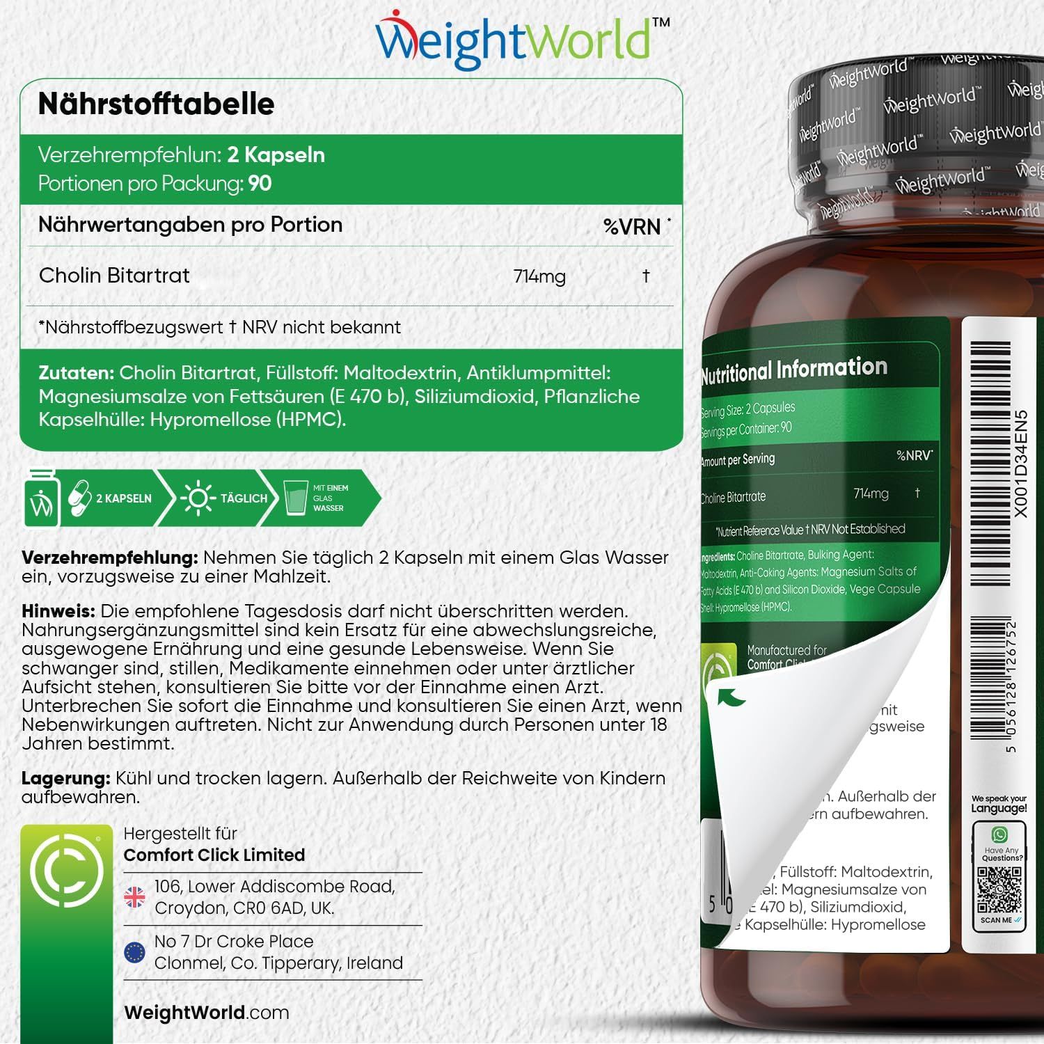 Retro del flacone di Cholin Bitartrato. Tabella nutrizionale, raccomandazioni d'uso, ingredienti, informazioni del produttore.