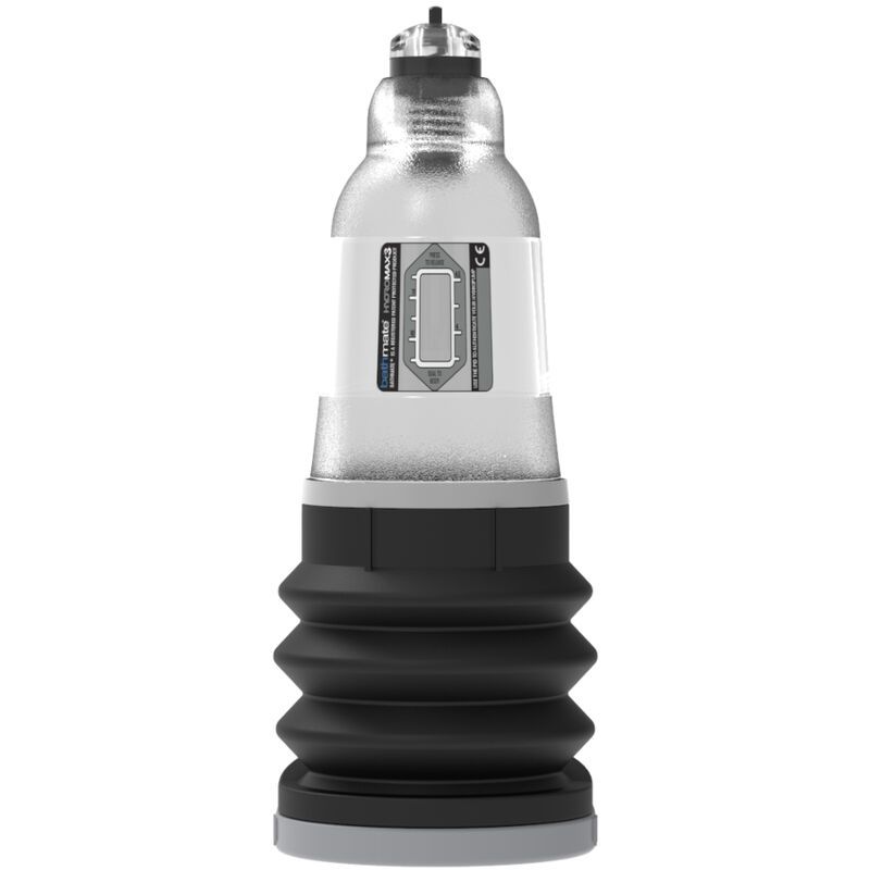 Pompa Bathmate Hydromax3 con cilindro trasparente e soffietto nero.