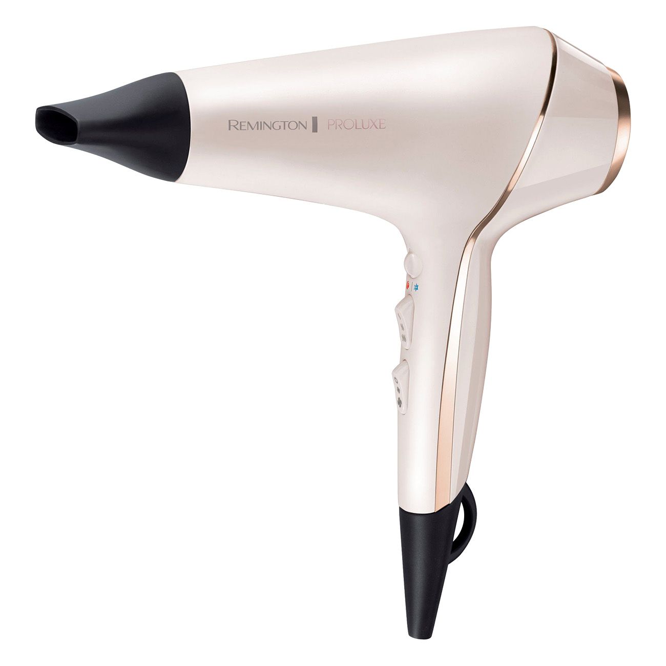 Asciugacapelli bianco-oro con bocchetta e manico neri. Marchio: Remington Proluxe.