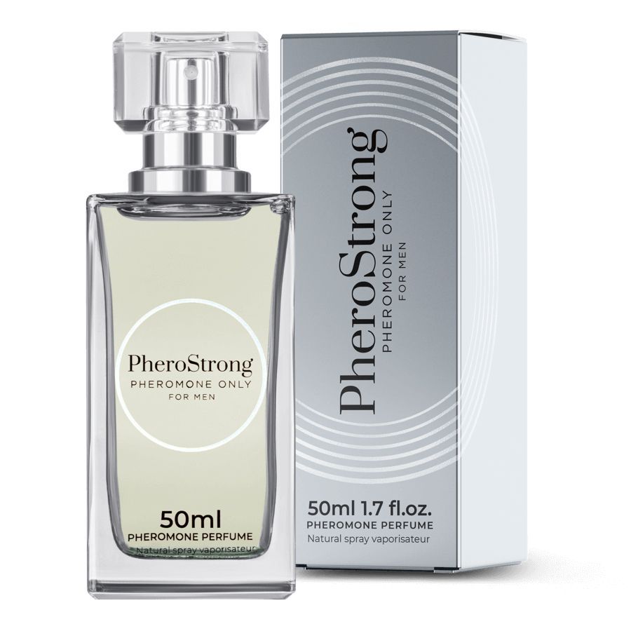 PheroStrong Profumo feromoni per uomo, flacone da 50ml con confezione argentata.