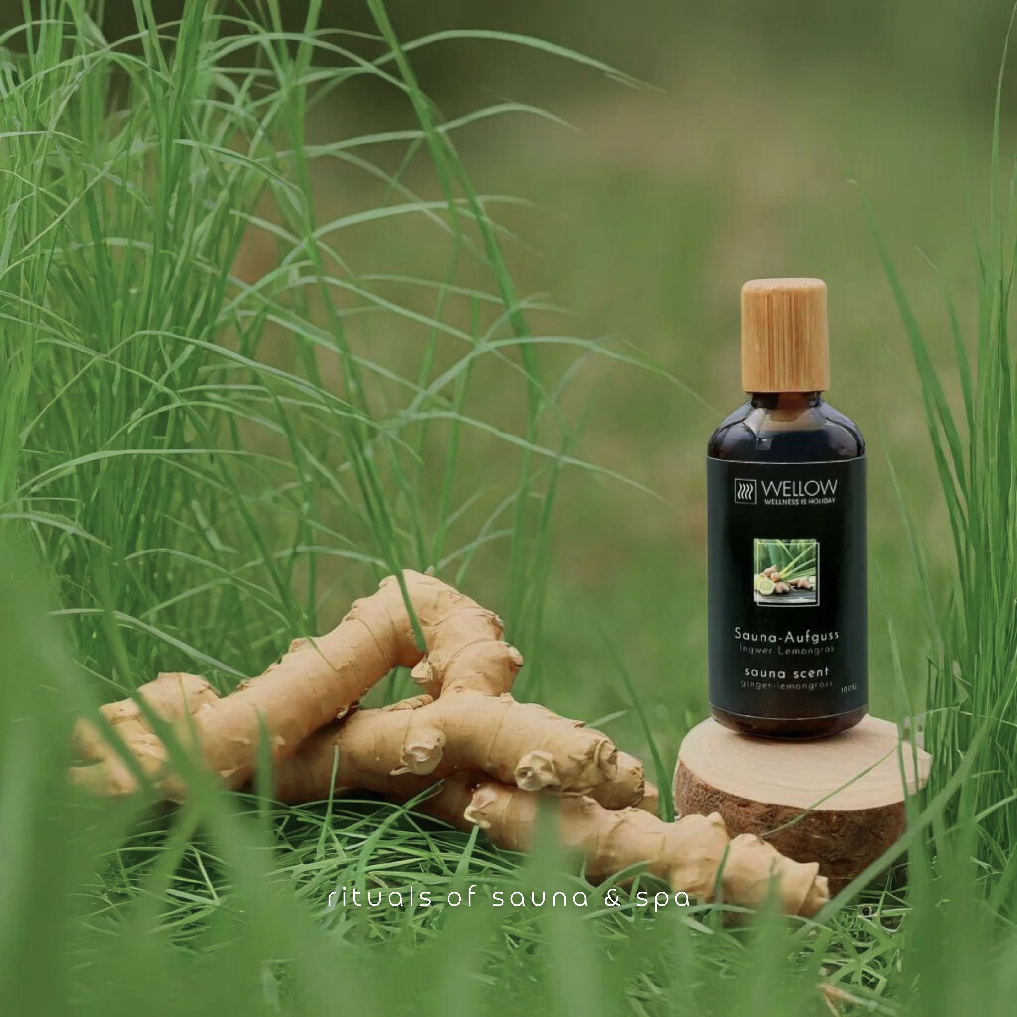 Flacone di vetro marrone con tappo in legno su un ceppo, circondato da zenzero ed erba. Testo: rituals of sauna & spa.