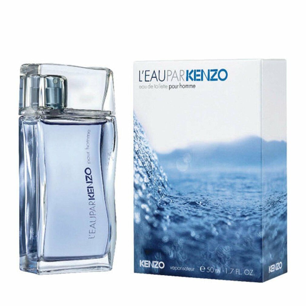 Flacone e confezione. Flacone con contenuto blu, tappo trasparente. Confezione con motivo a onde. Testo: L'EAU PAR KENZO, 50 ml, 1.7 FL.OZ.