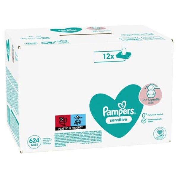 Scatola di salviettine Pampers Sensitive. 12 confezioni. Logo, informazioni.