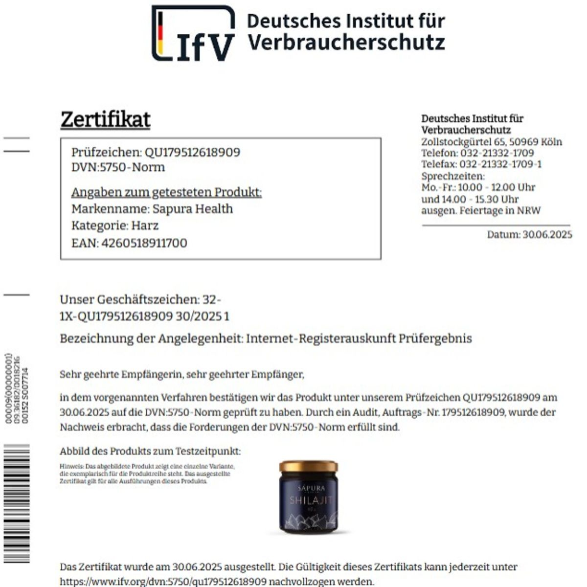 Certificato dell'Istituto tedesco per la protezione dei consumatori. Conferma del test della resina di Shilajit. Marchio: Sapura Health.