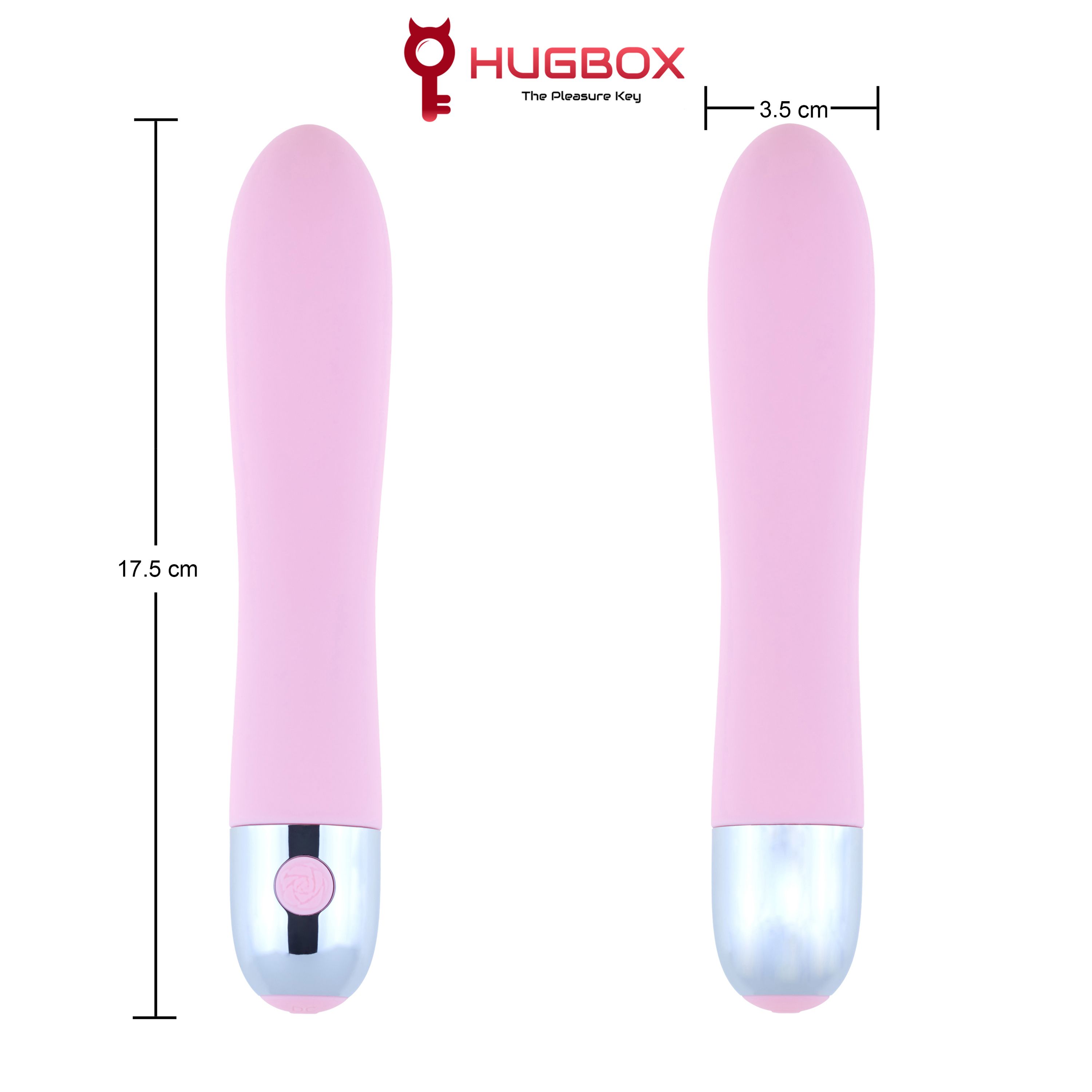 Due viste di un vibratore rosa. Dimensioni: 17,5 cm di lunghezza, 3,5 cm di larghezza. Marchio: HUGBOX.